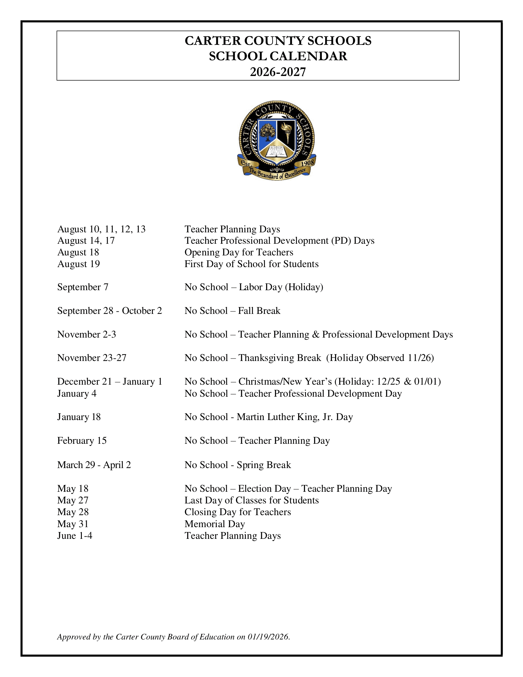 Carter County Schools District 26-27 Calendar Updates[PDF]