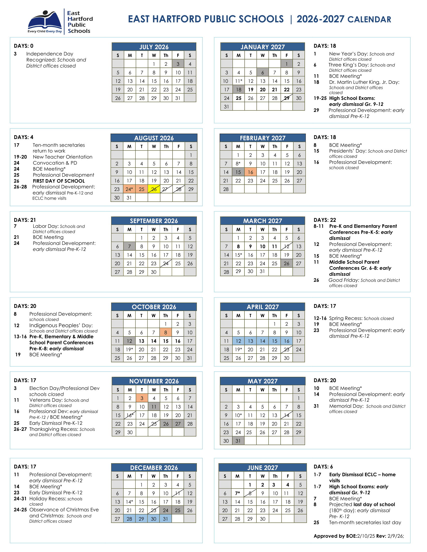 East Hartford Public Schools CT 26-27 Calendar Updated [PDF]