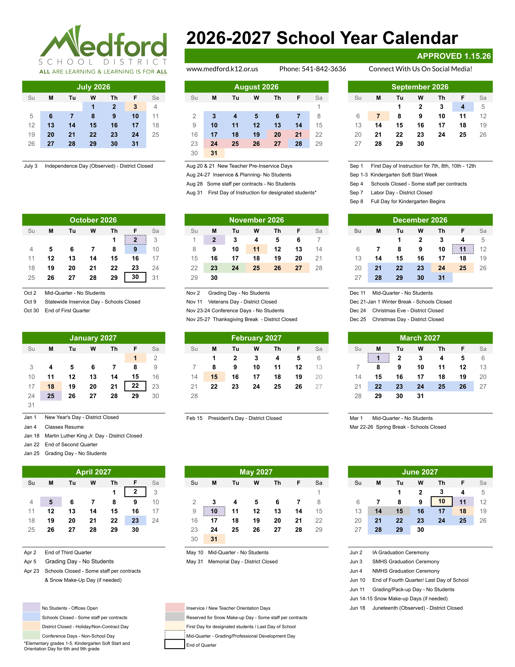 Medford School District, OR Calendar 26-27 Updated [PDF]