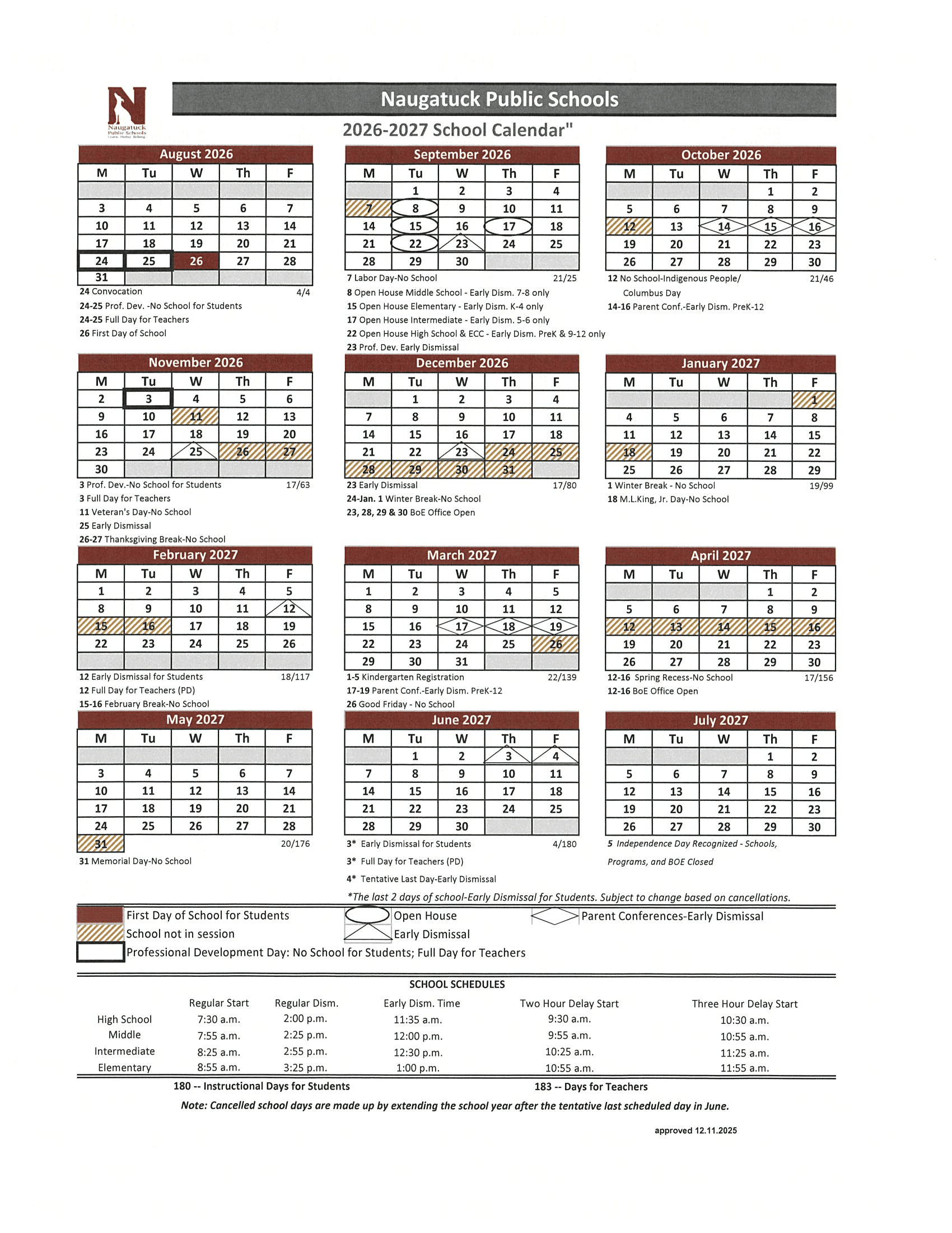 Naugatuck Public Schools Calendar 26-27 