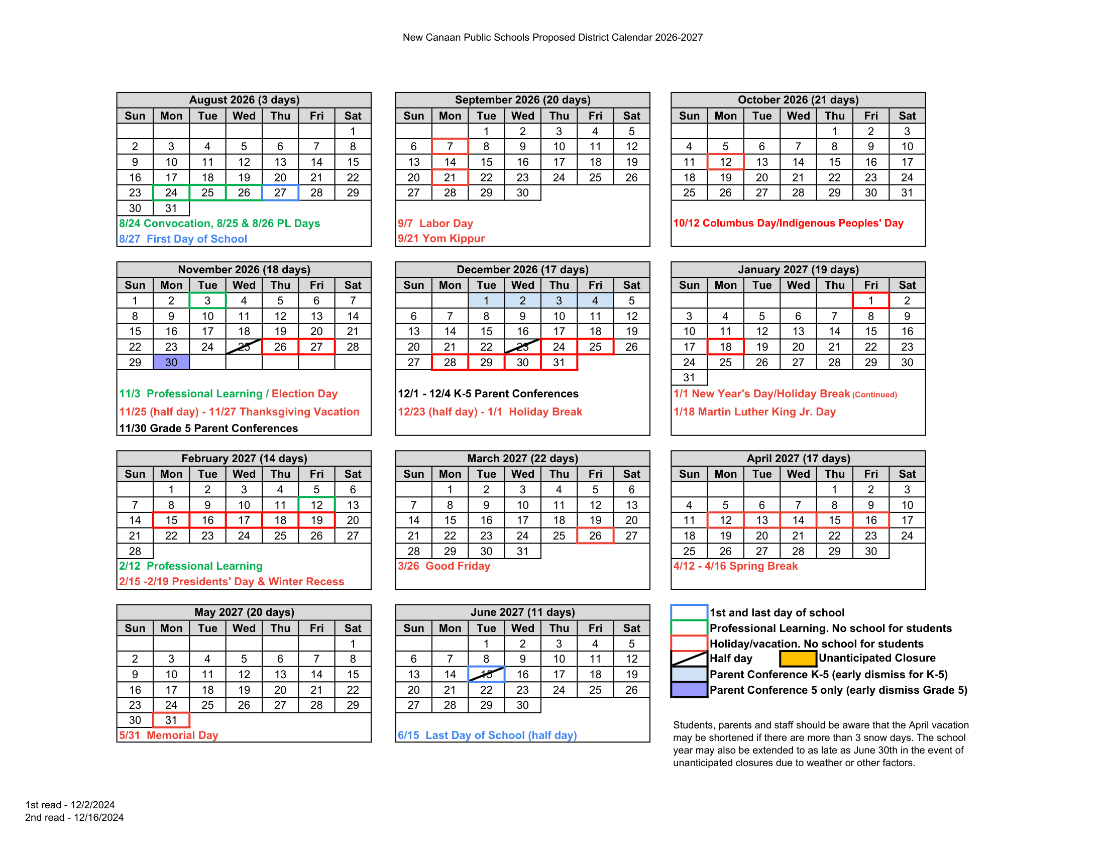 New Canaan Public Schools Calendar 26-27 Updated