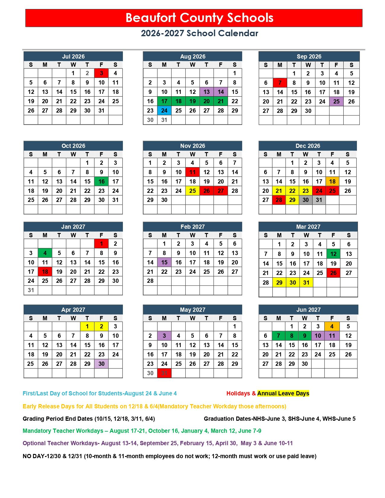 Beaufort County Schools  26-27 Calendar [PDF] Updates