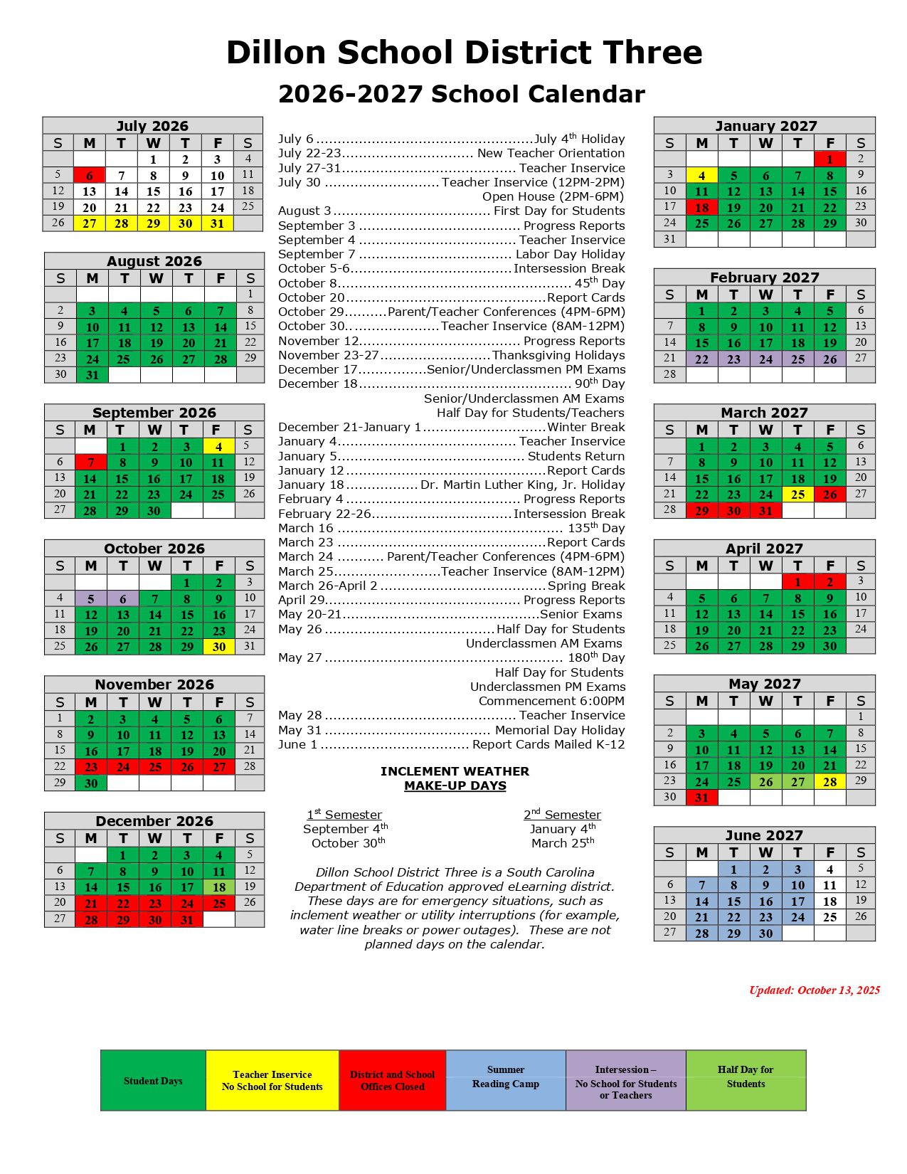 Dillon School District 3  SC Calendar 26-27 Revised [PDF]