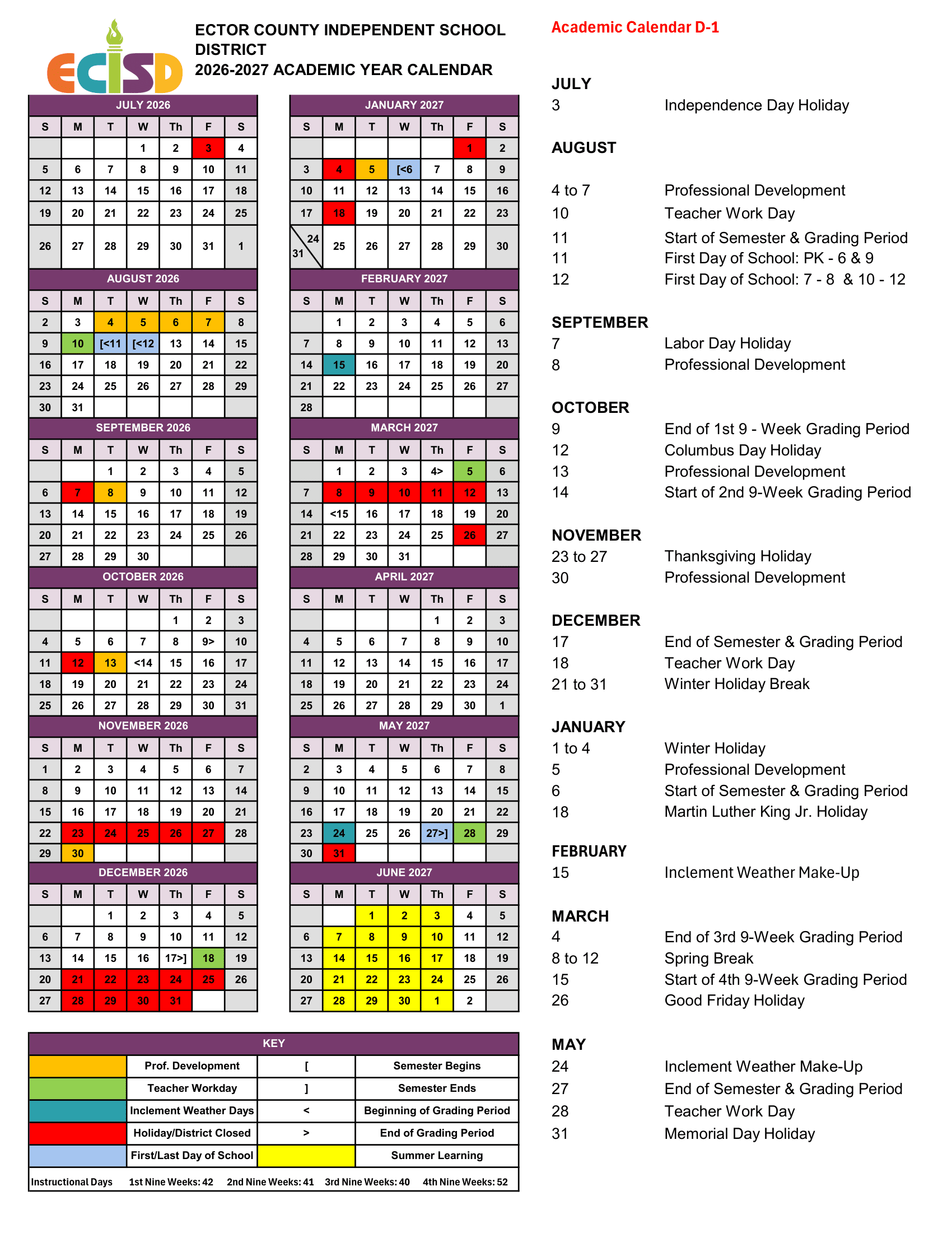 ECTOR COUNTY ECISD Calendar 26-27 Updated 