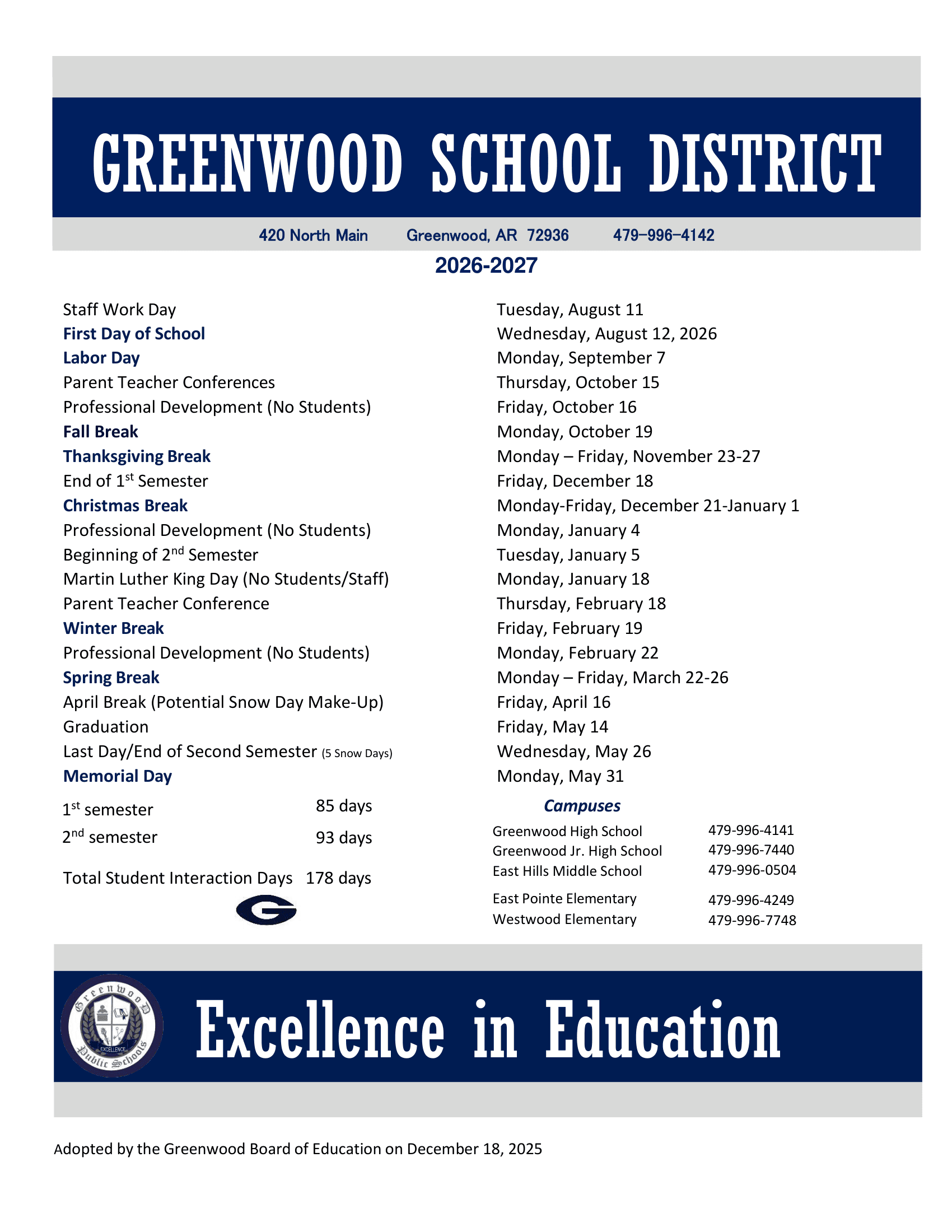 Greenwood School District 26-27 Calendar Updates [PDF]