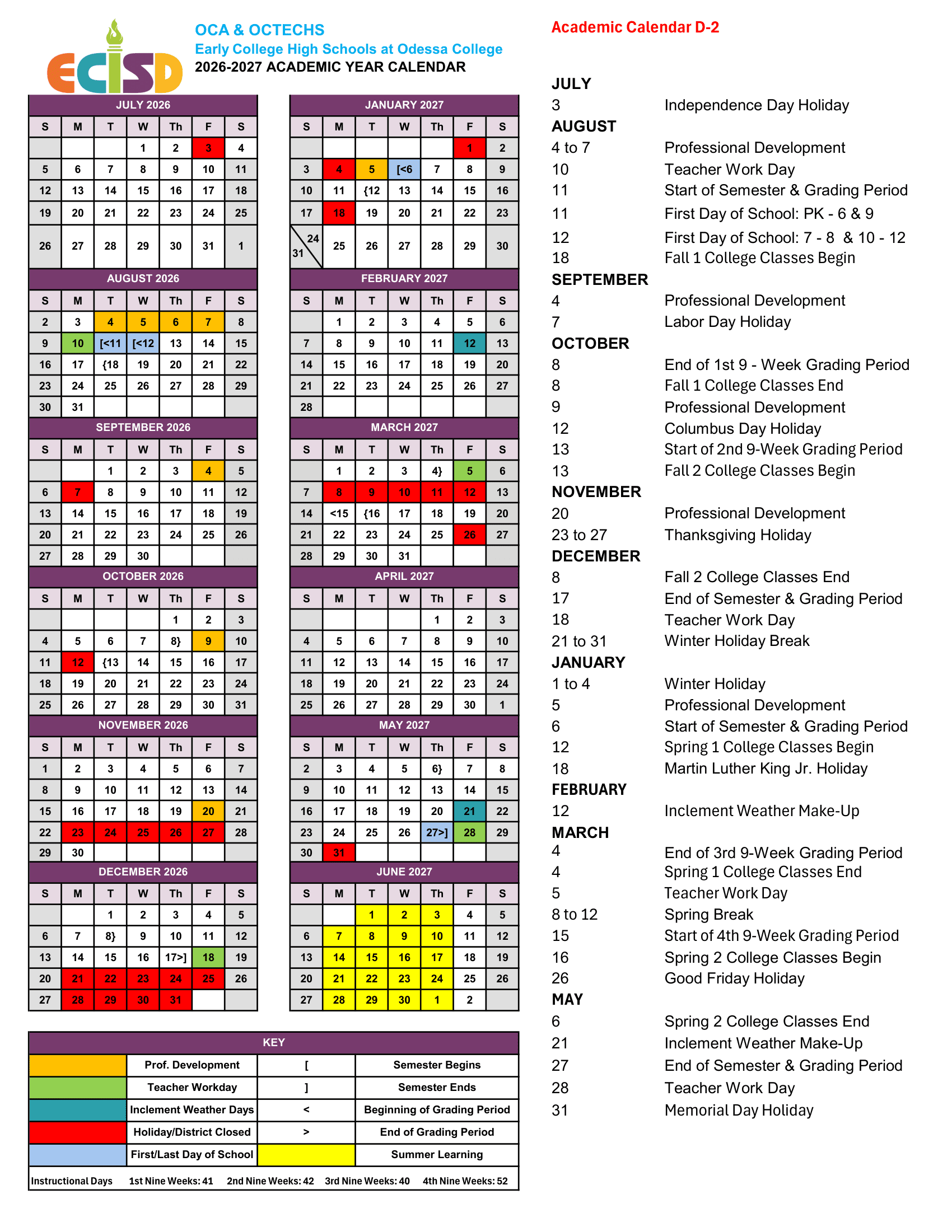 Odessa College OCA & OCTECHS Calendar 26-27 Calendars [PDF]