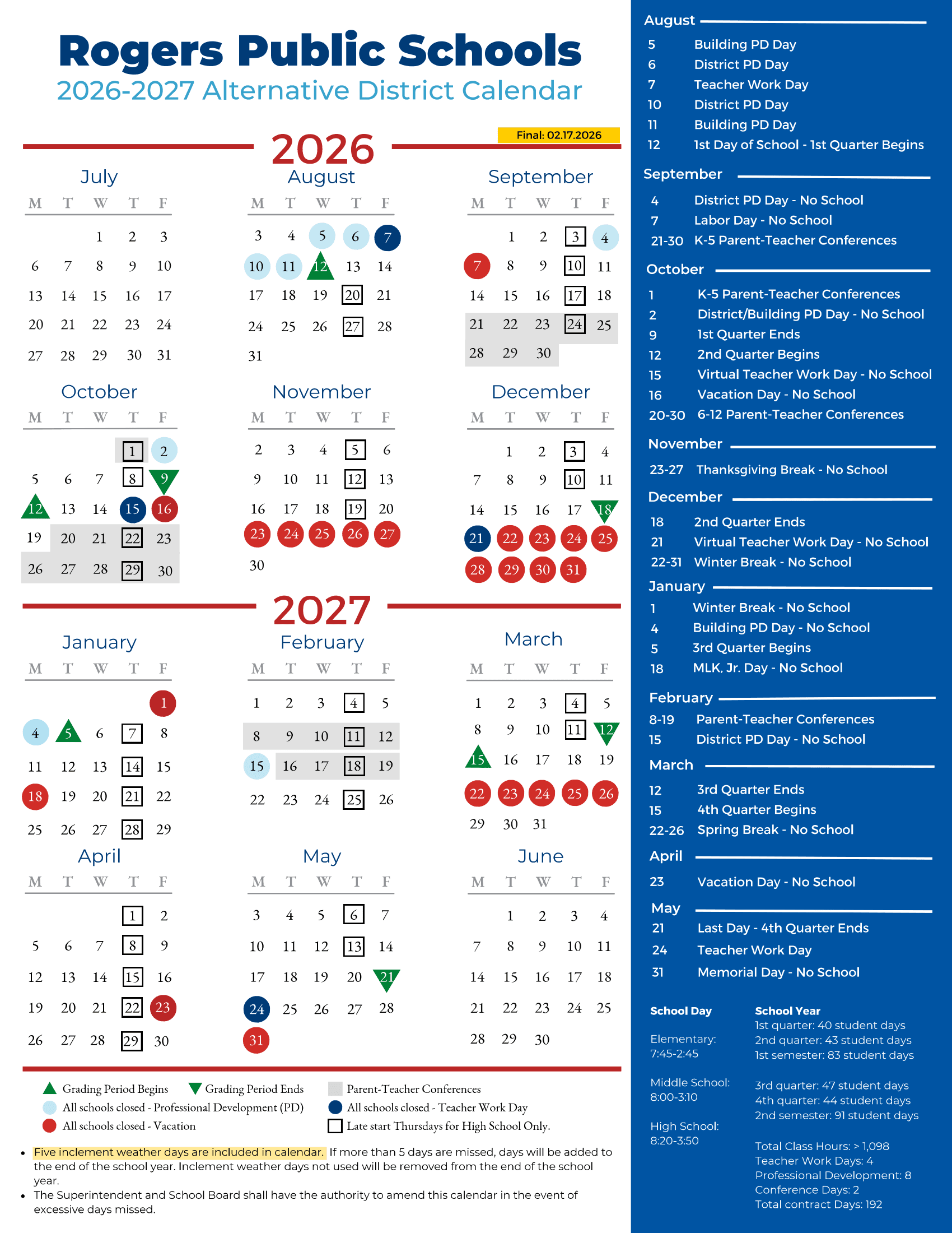 Rogers Public Schools District 26-27 Calendar Updated [PDF]