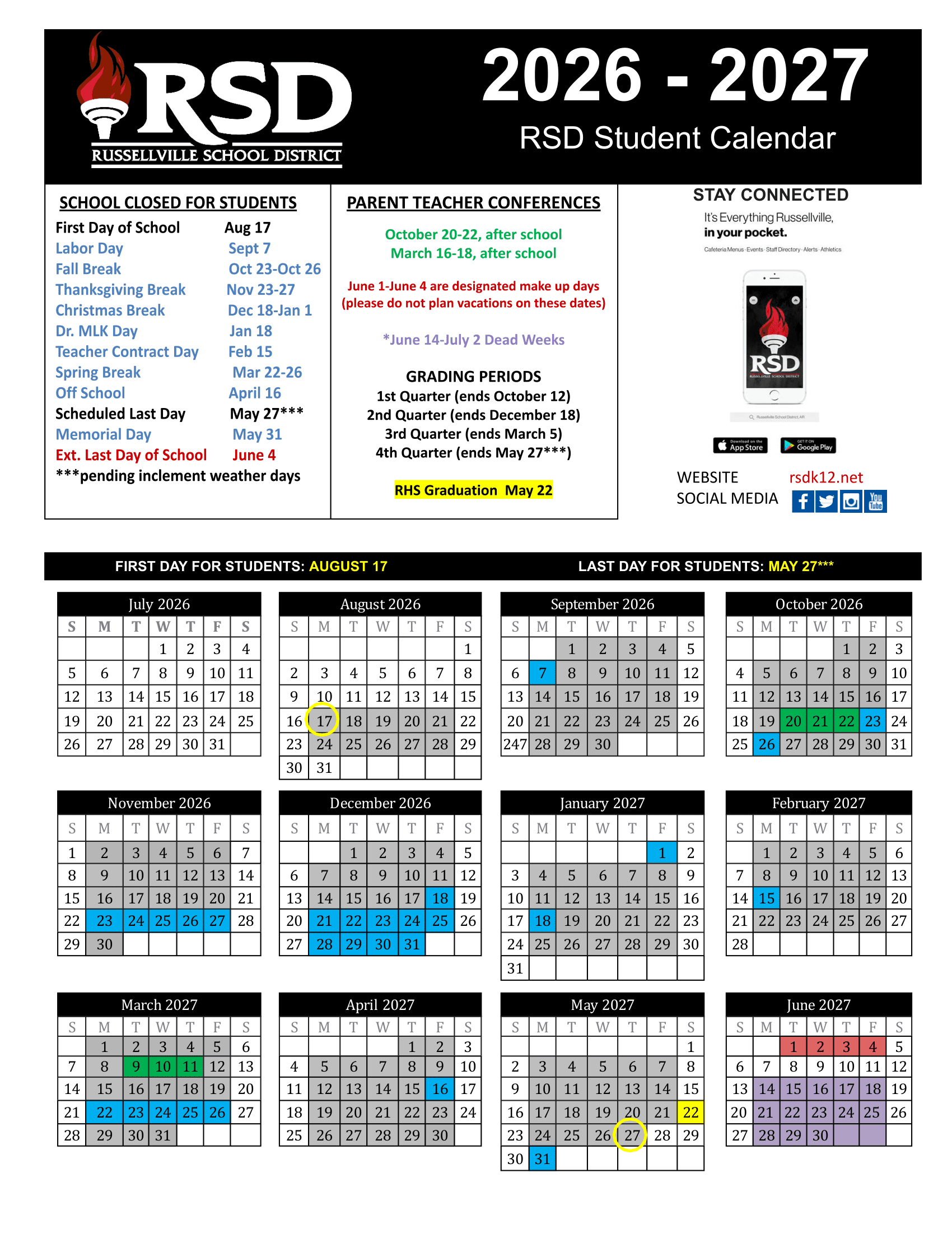 Russellville School District 26-27 Calendar Updated [PDF]