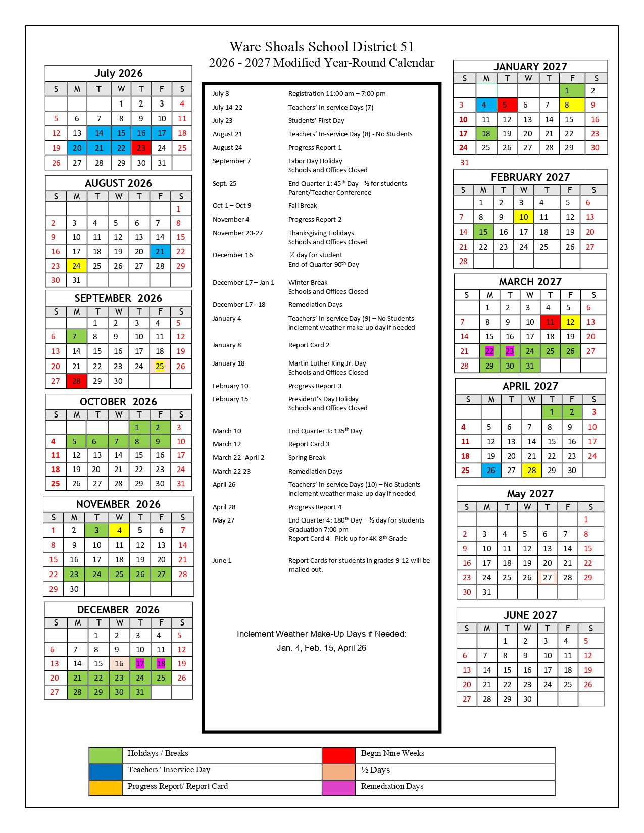 Ware Shoals School District 51  Calendar 26-27 Revised [PDF]