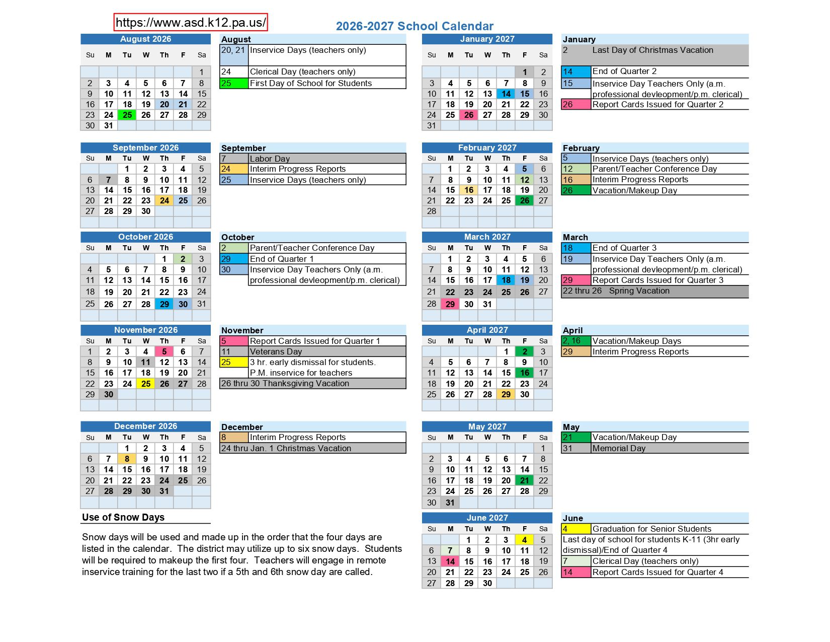 Armstrong School District pa Calendar 26-27 Revised PDF