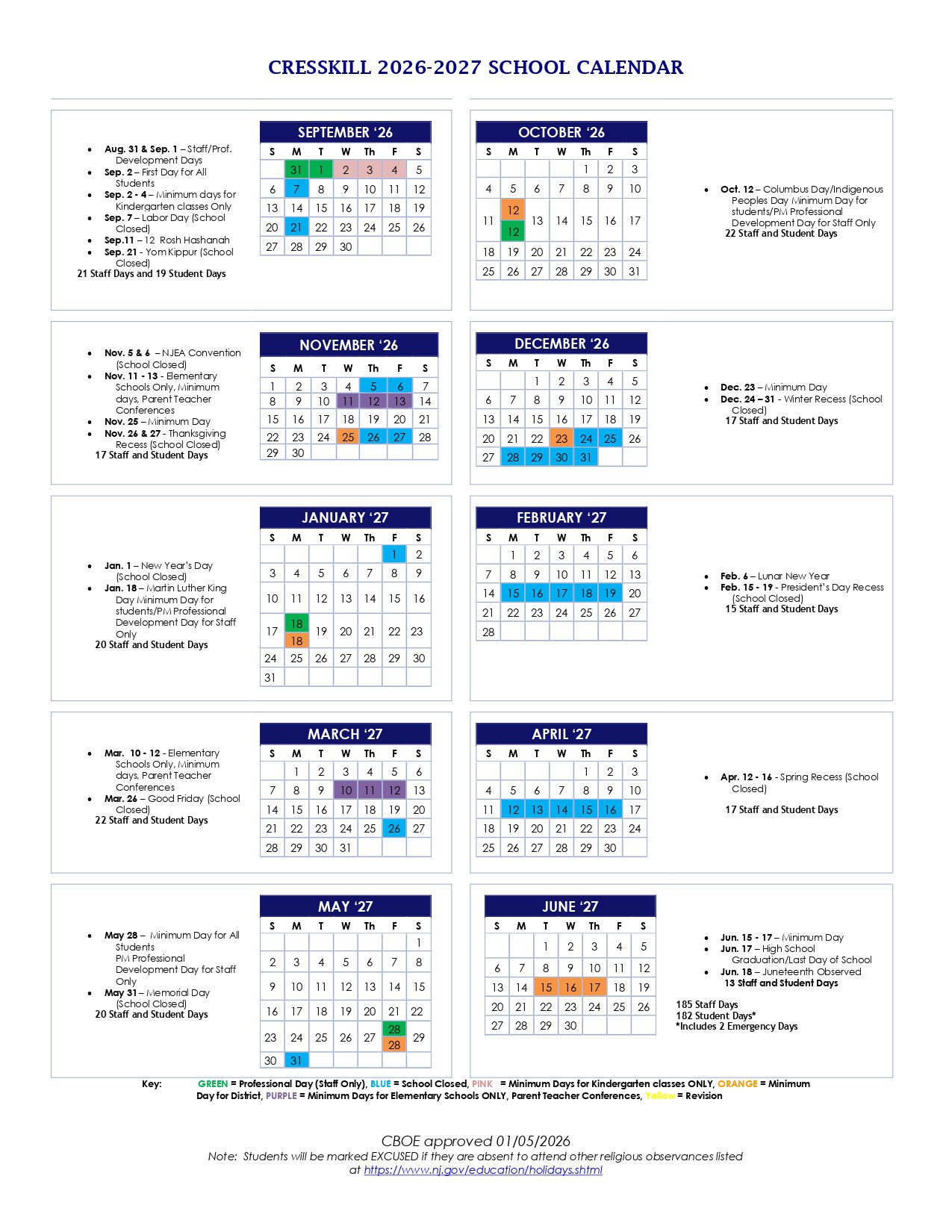 CRESSKILL Public Schools  NJ Calendar 26-27 Updates