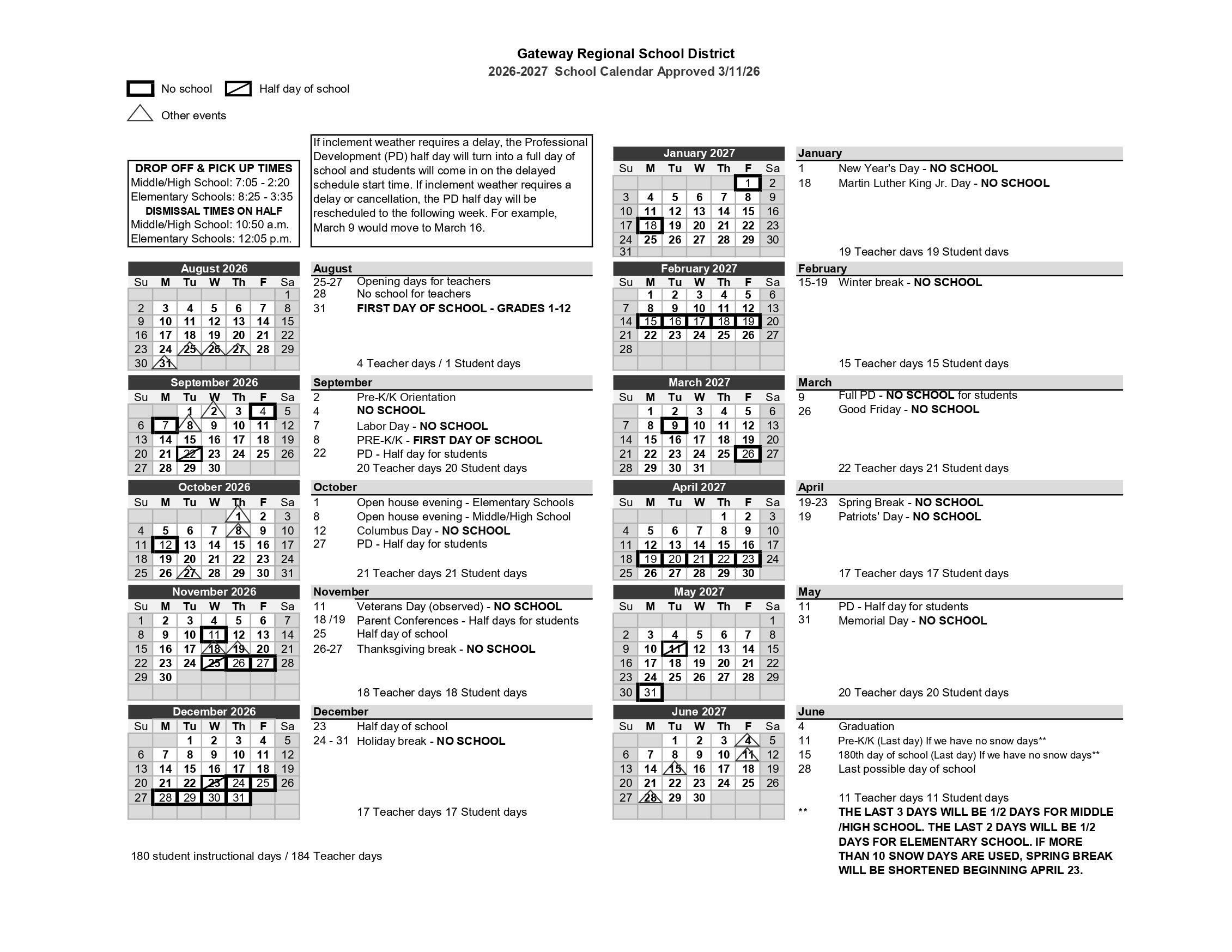 Gateway Regional School District  District MA Calendar 26-27 PDF