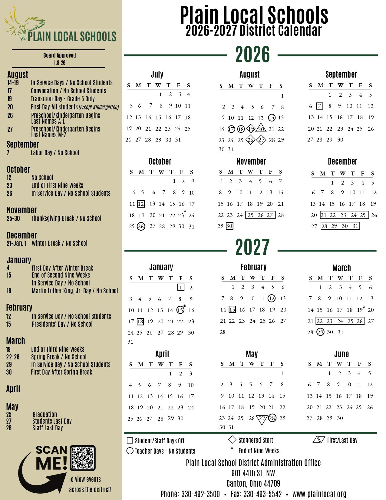 Plain Local Schools  Calendar 26-27 Updates