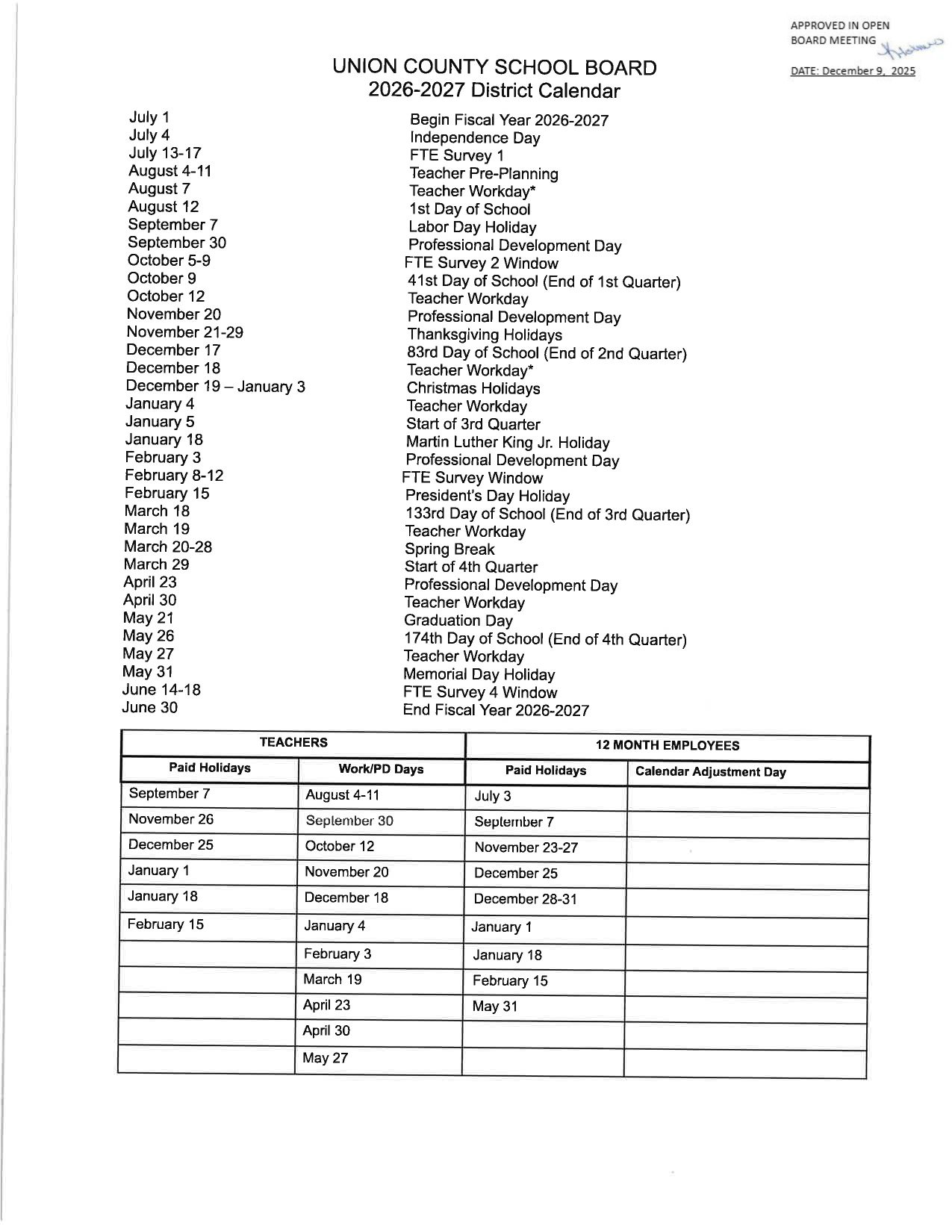 UNION COUNTY SCHOOL 25-26 Calendar [PDF]