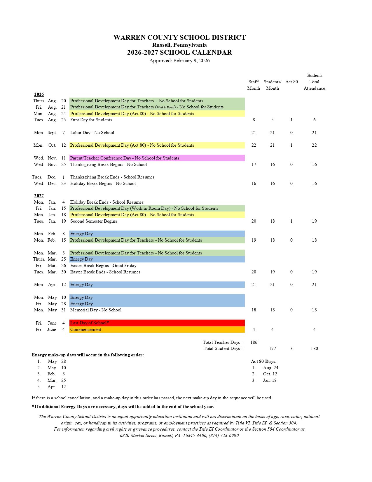 Warren County School District  PA Calendar 26-27 Updates
