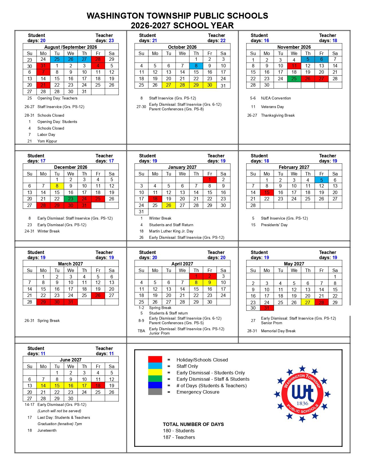 Washington Township Public Schools 26-27 Calendar [PDF]