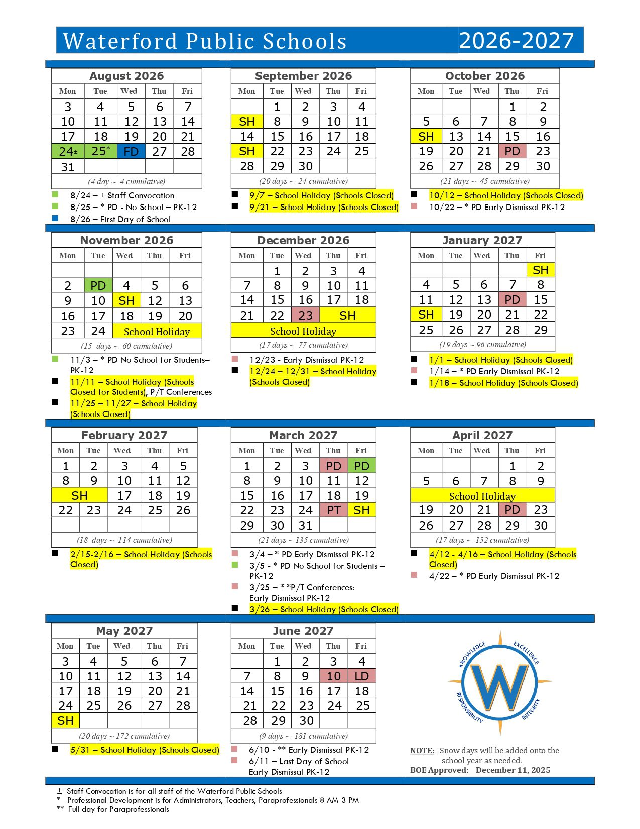Waterford Public Schools ct Calendar 26-27 Revised PDF