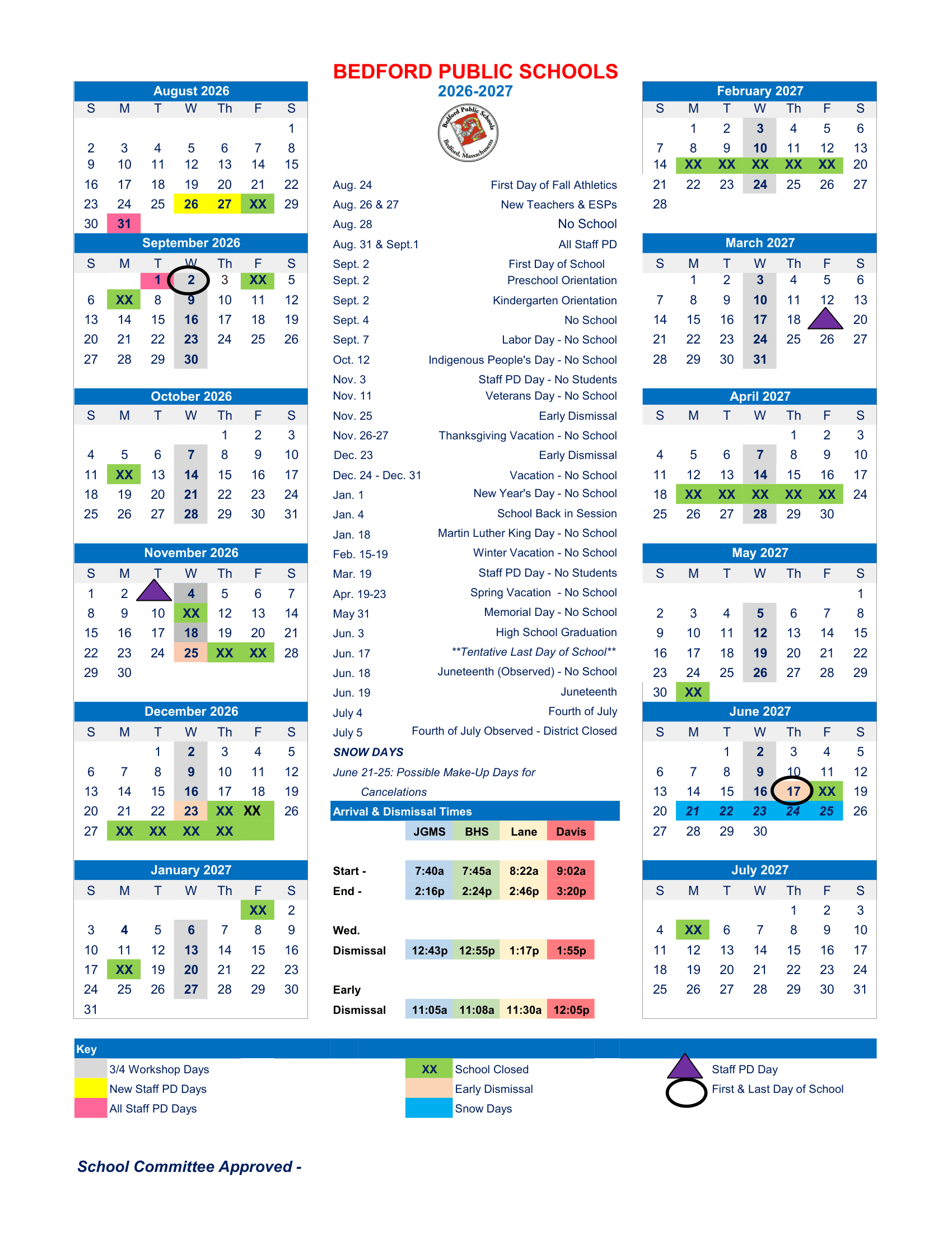 Bedford Public Schools calendar thumbnail