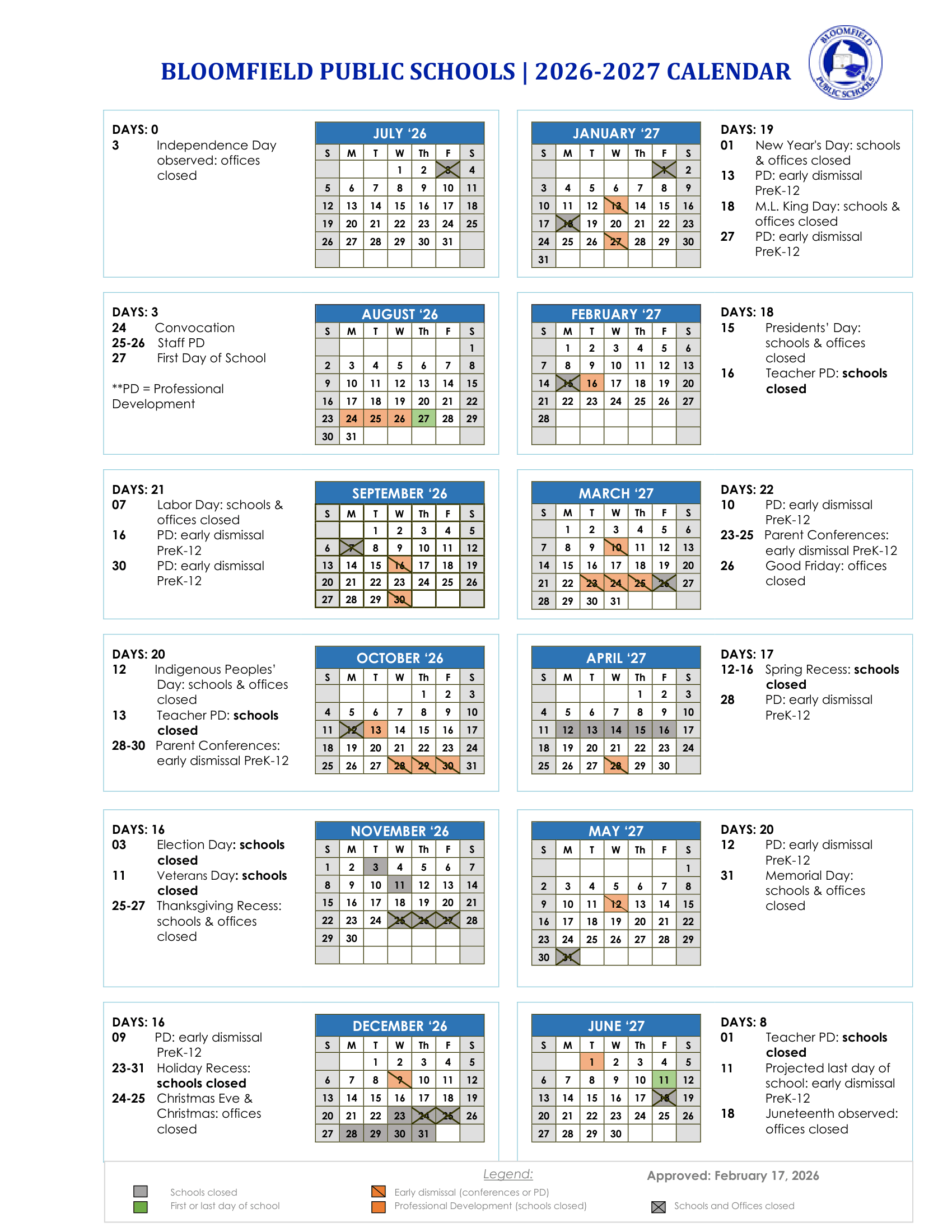 Bloomfield Public Schools CT 2026-27 calendar