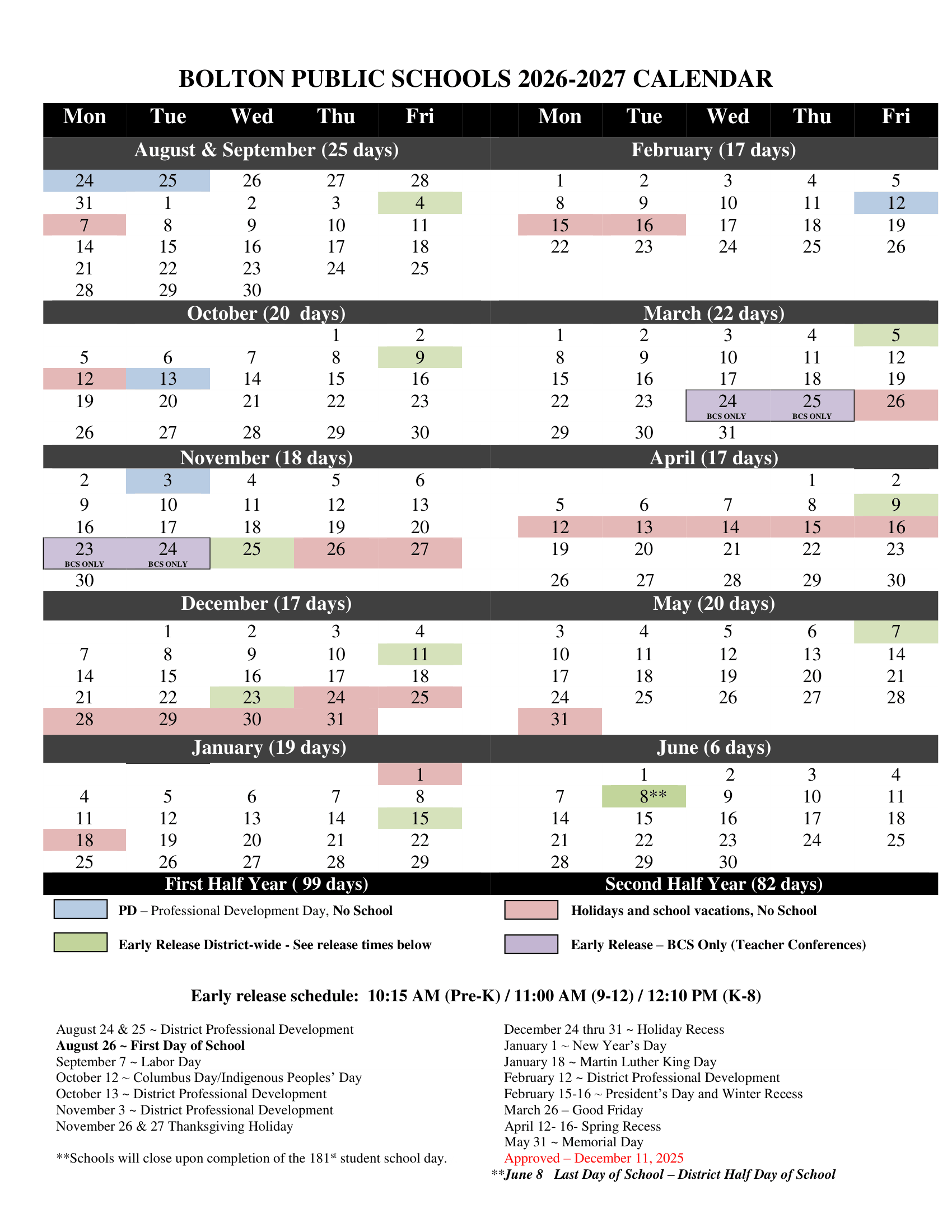 Bolton Public Schools CT 2026-27 calendar