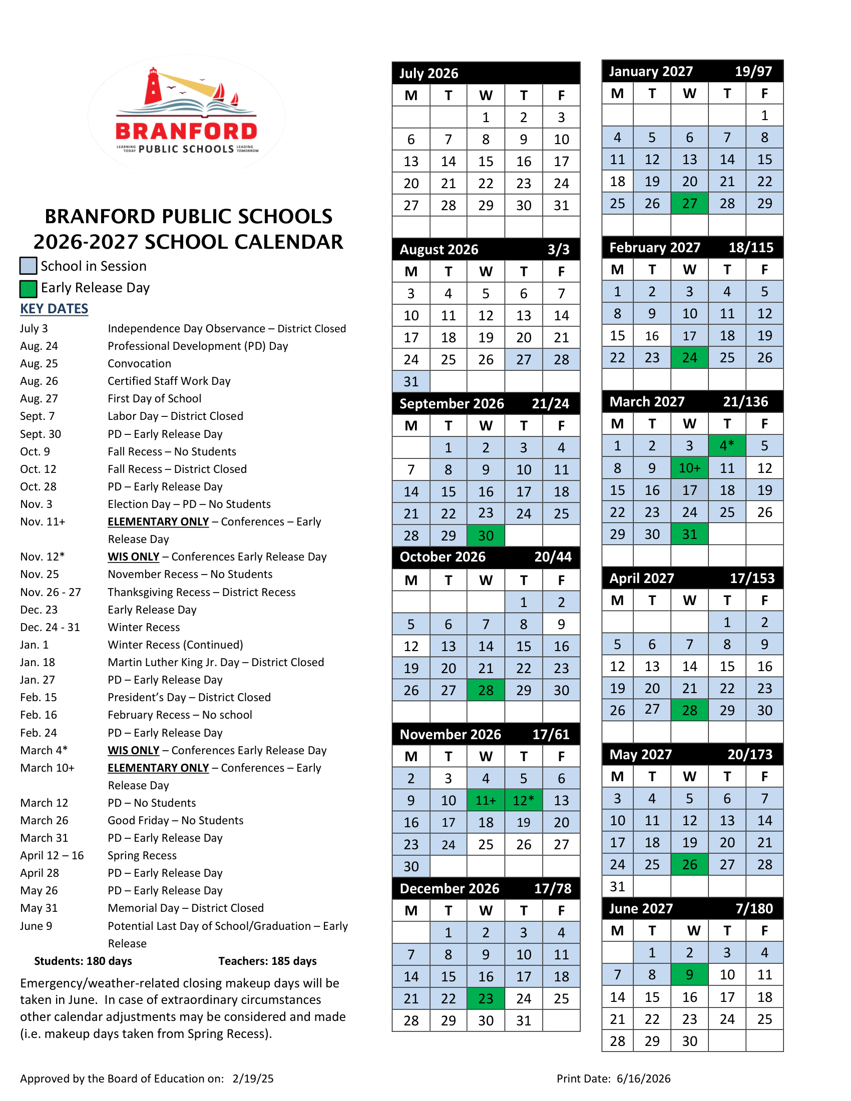 Branford Public Schools CT 2026-27 calendar