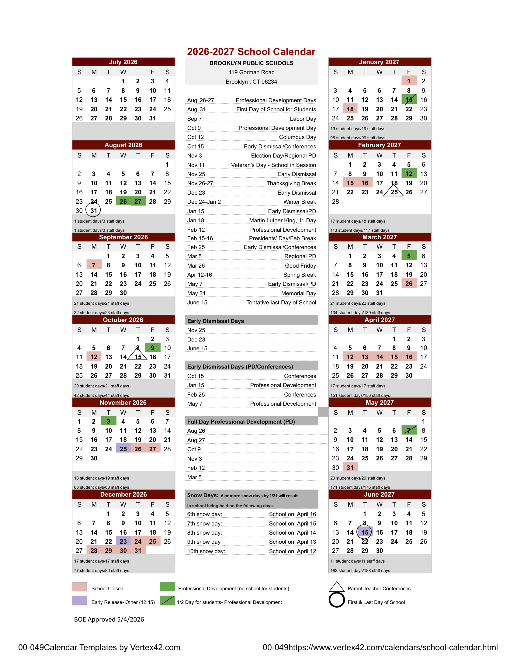 BROOKLYN PUBLIC SCHOOLS CT 2026-27 calendar page 1