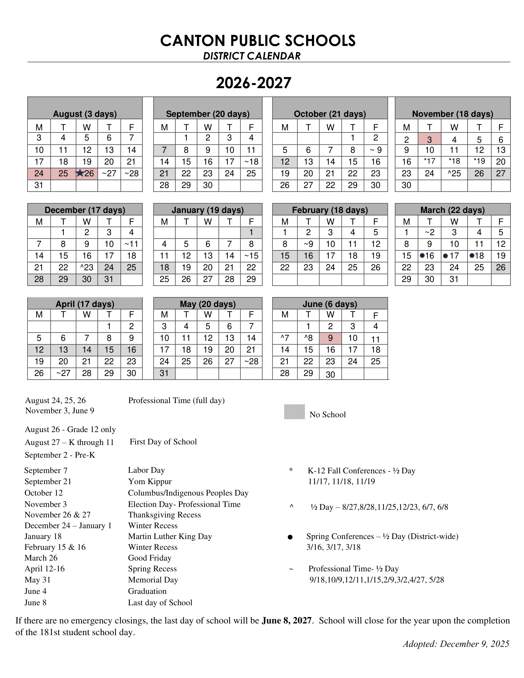 CANTON PUBLIC SCHOOLS CT 2026-27 calendar