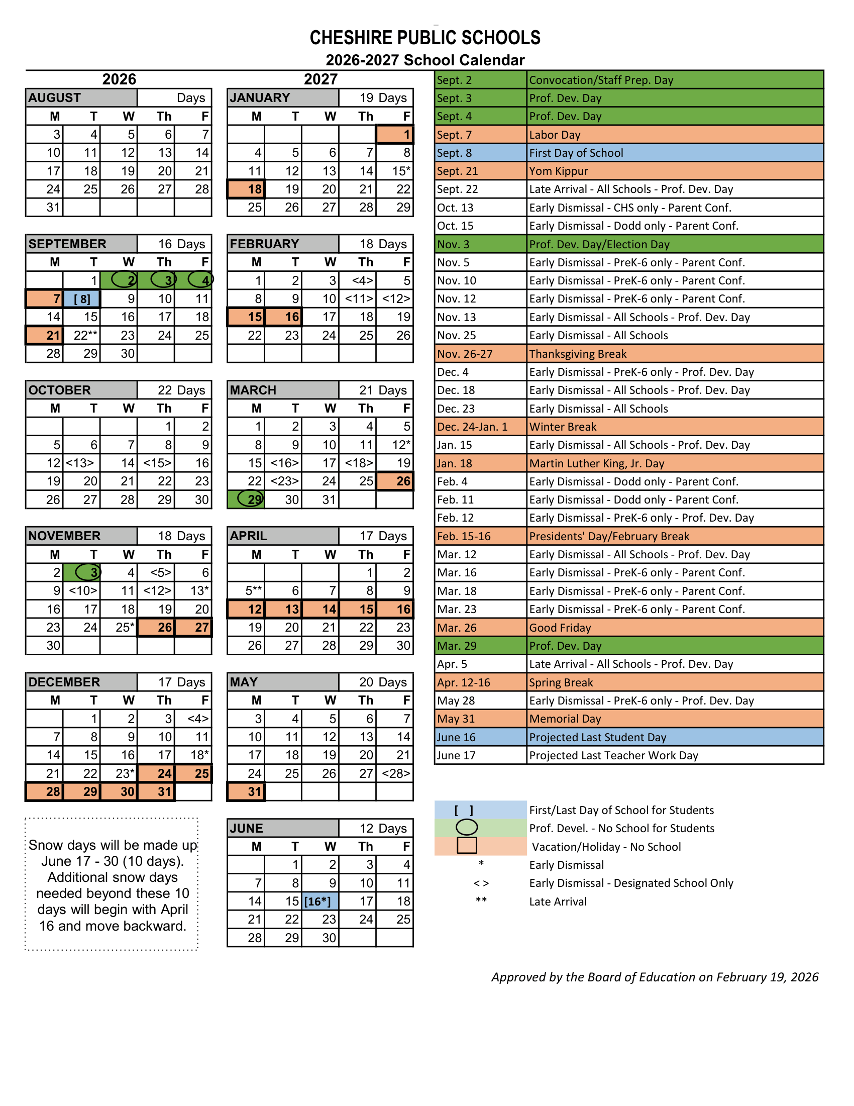 Cheshire Public Schools CT 2026-27 calendar