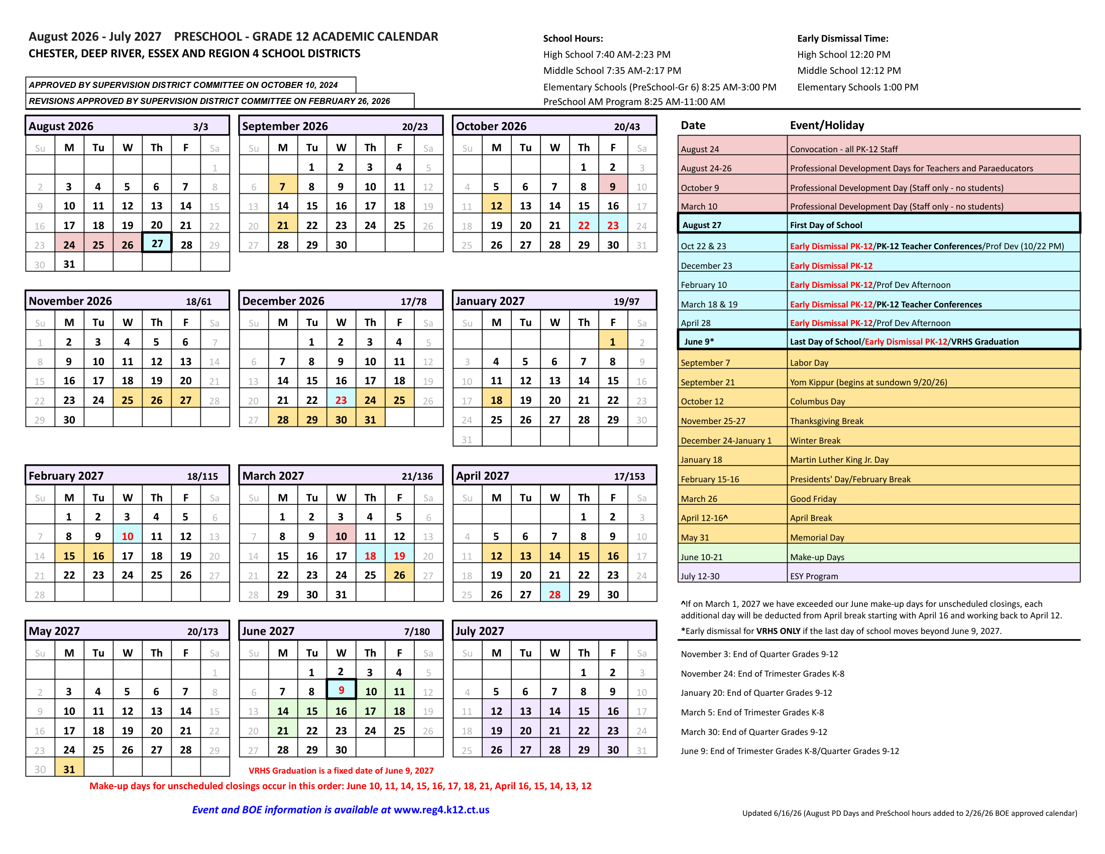 Chester, Deep River, Essex and Region 4 School Districts CT 2026-27 calendar