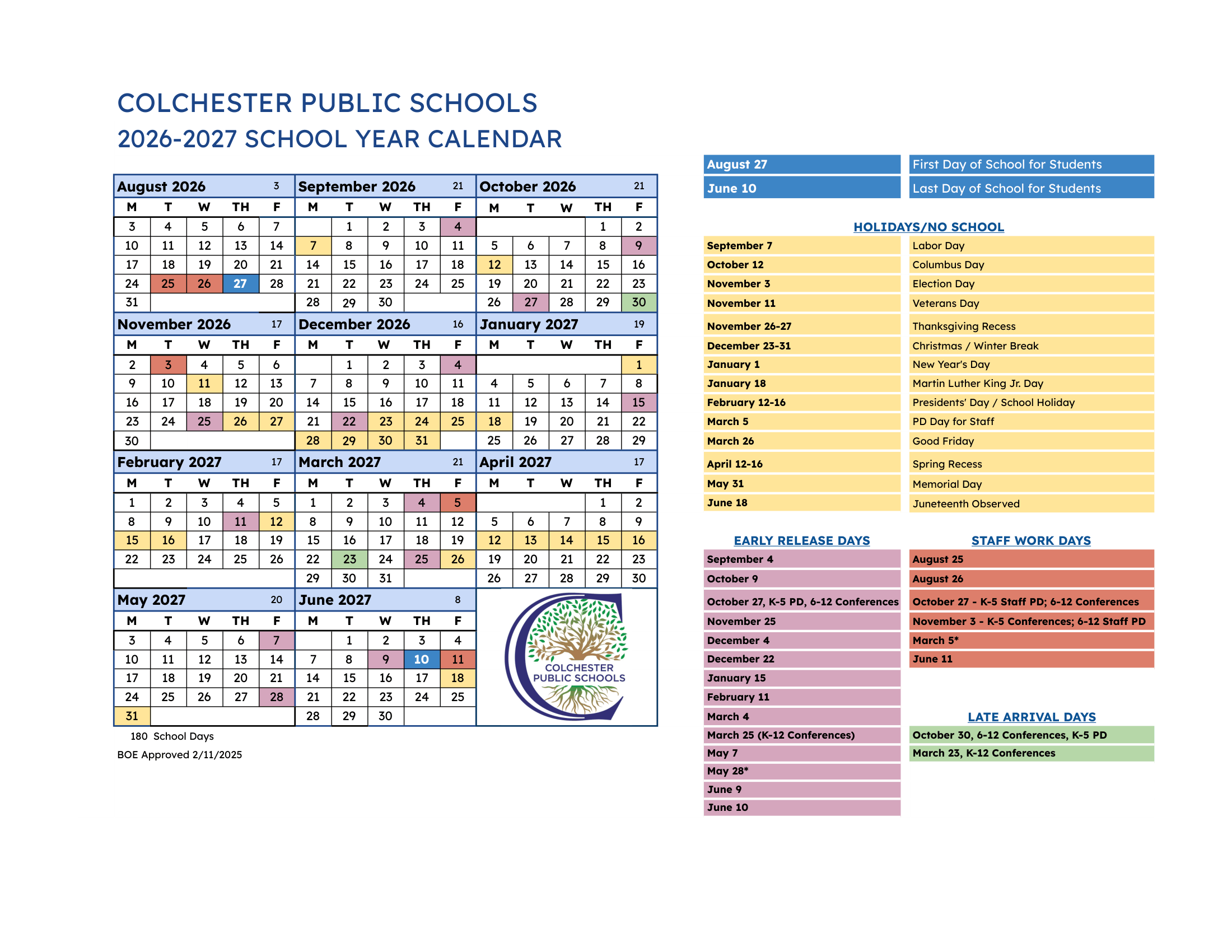COLCHESTER PUBLIC SCHOOLS CT 2026-27 calendar