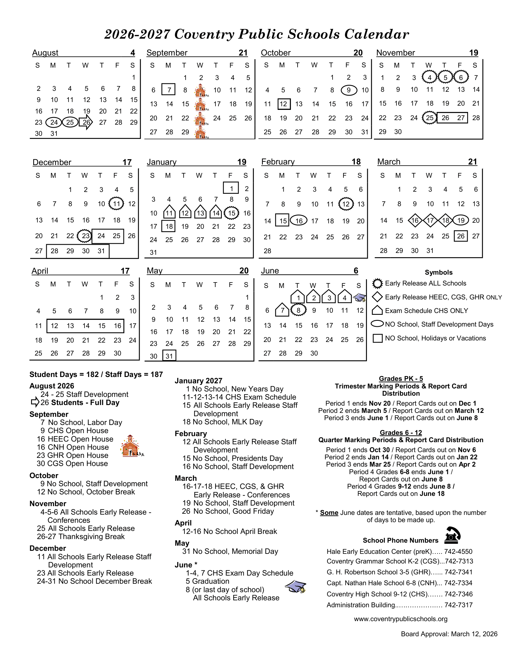 Coventry Public Schools CT 2026-27 calendar