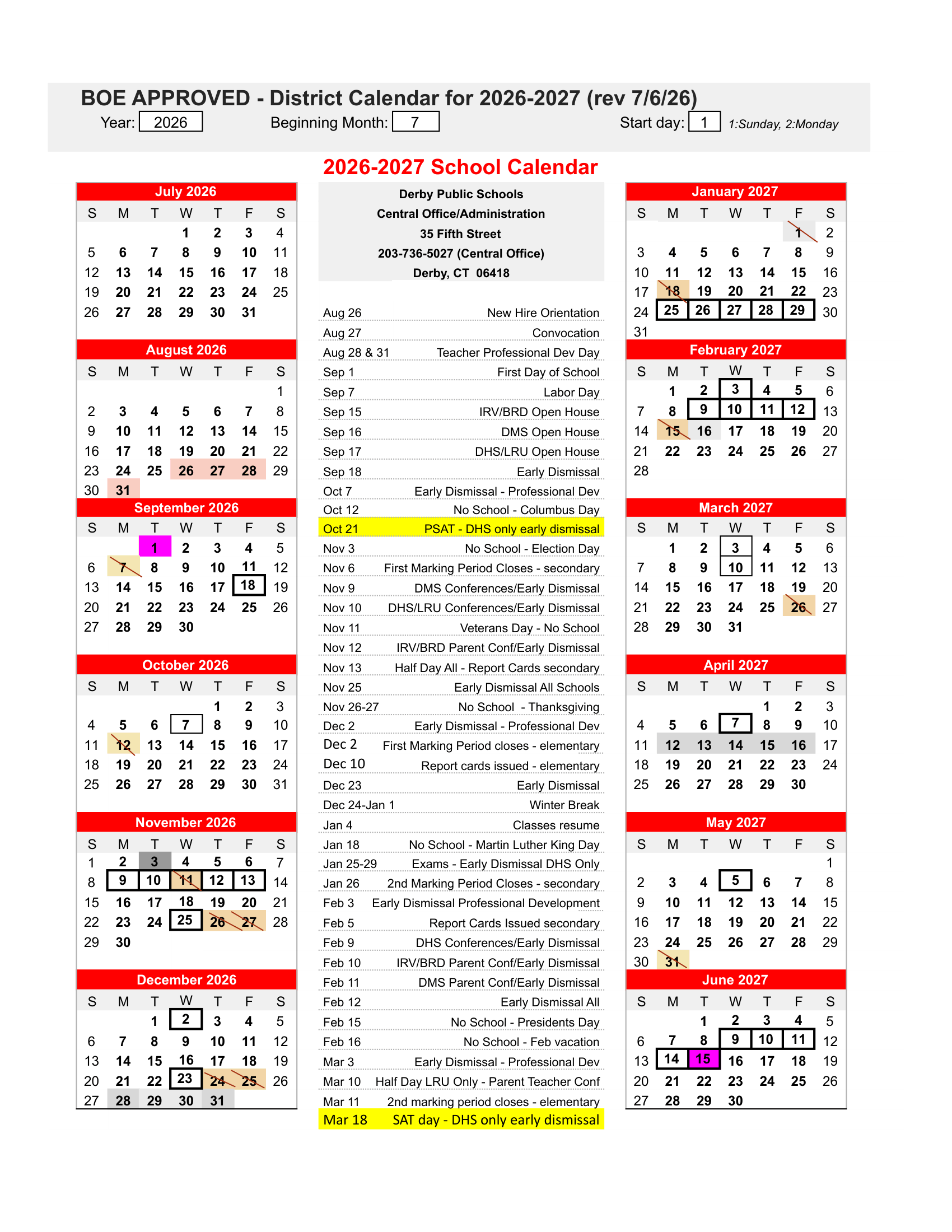 Derby Public Schools CT 2026-27 calendar page 1