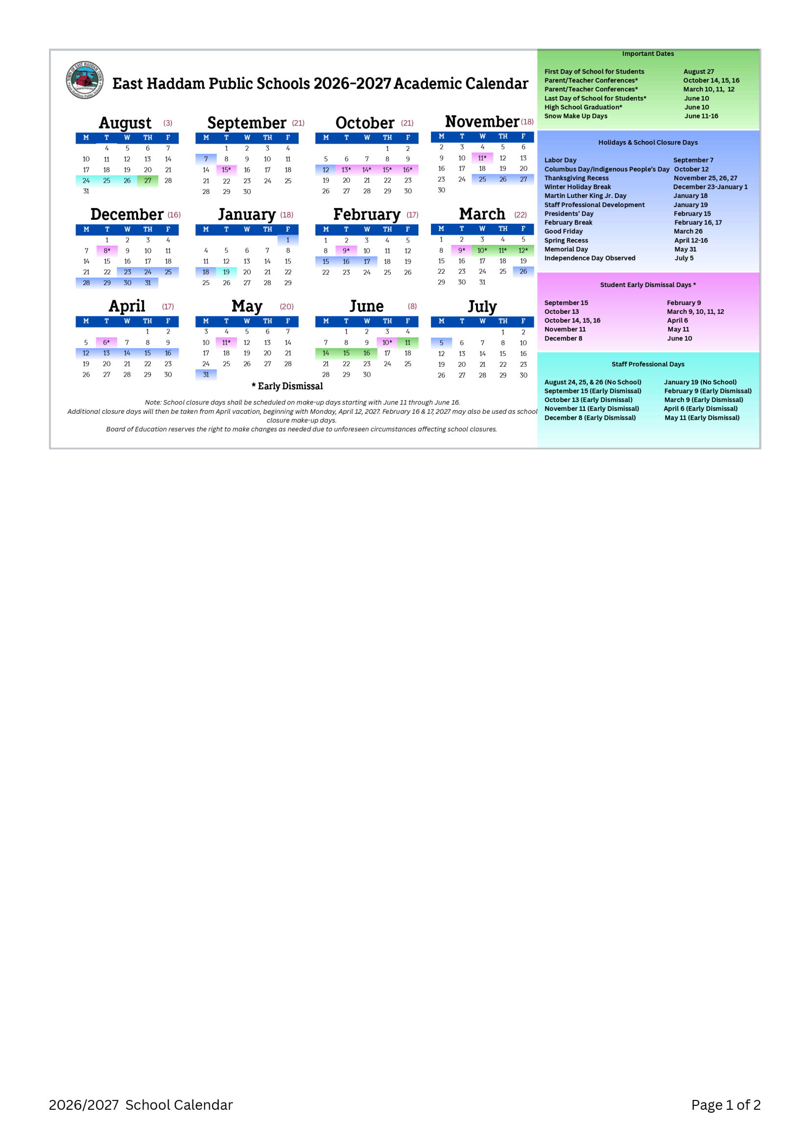 East Haddam Public Schools CT 2026-27 calendar page 1