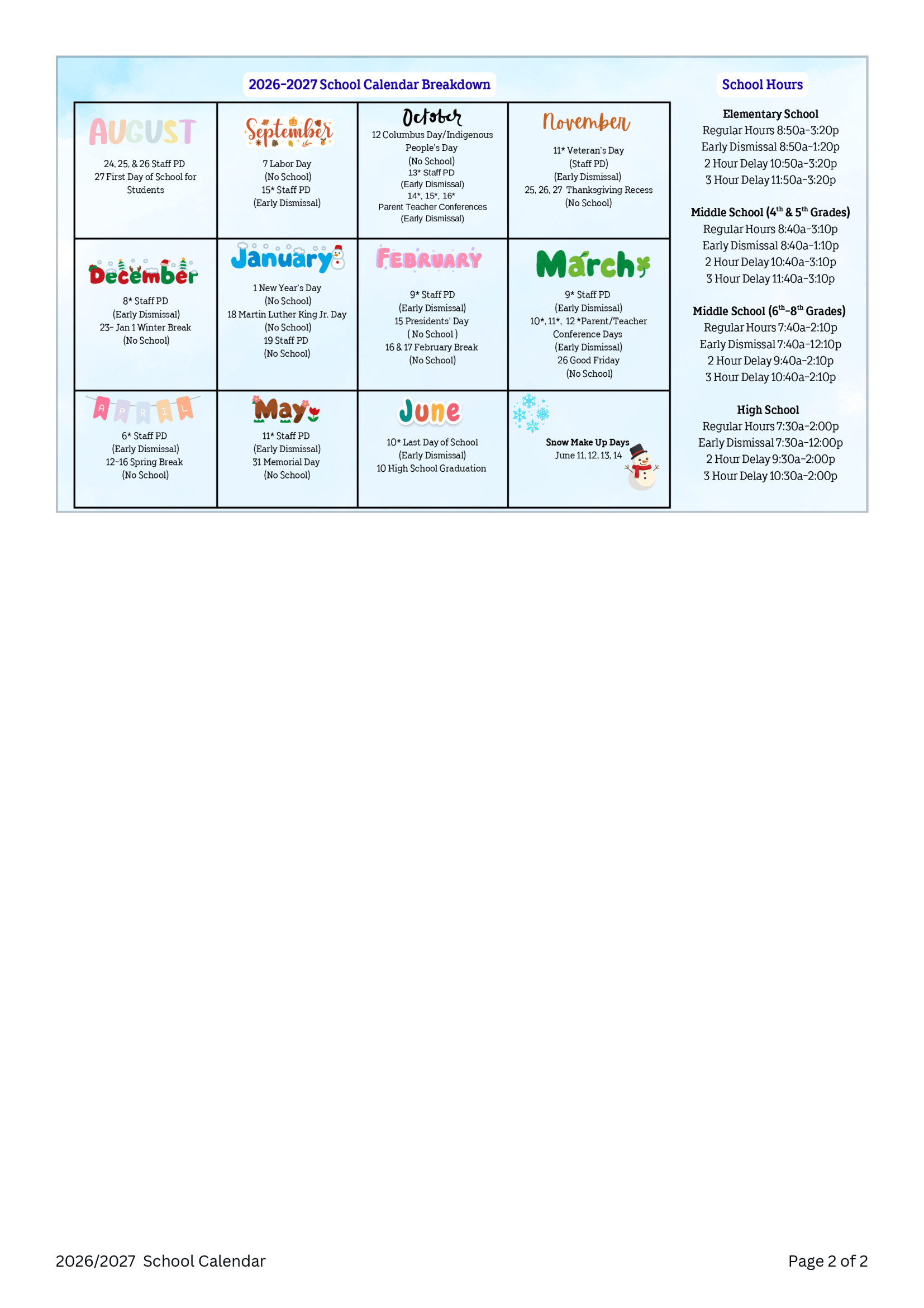 East Haddam Public Schools CT 2026-27 calendar page 2