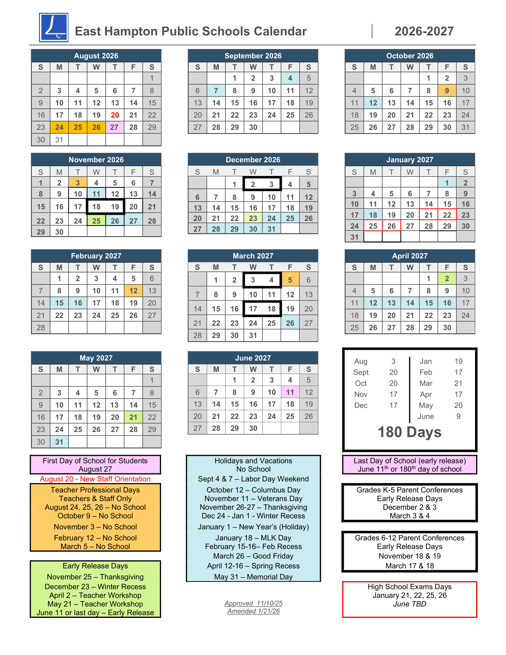 East Hampton Public Schools CT 2026-27 calendar