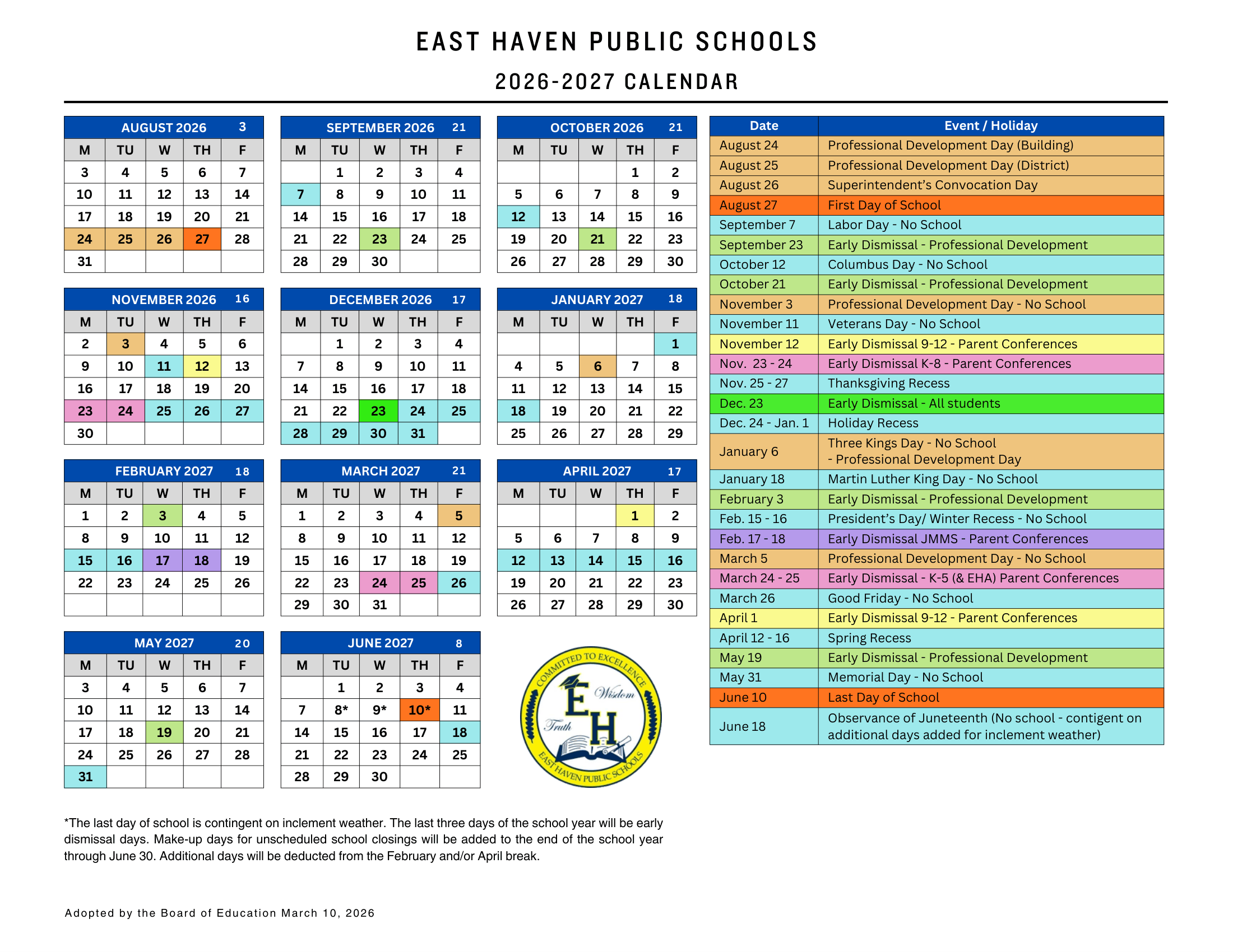 East Haven Public Schools CT 2026-27 calendar page 1