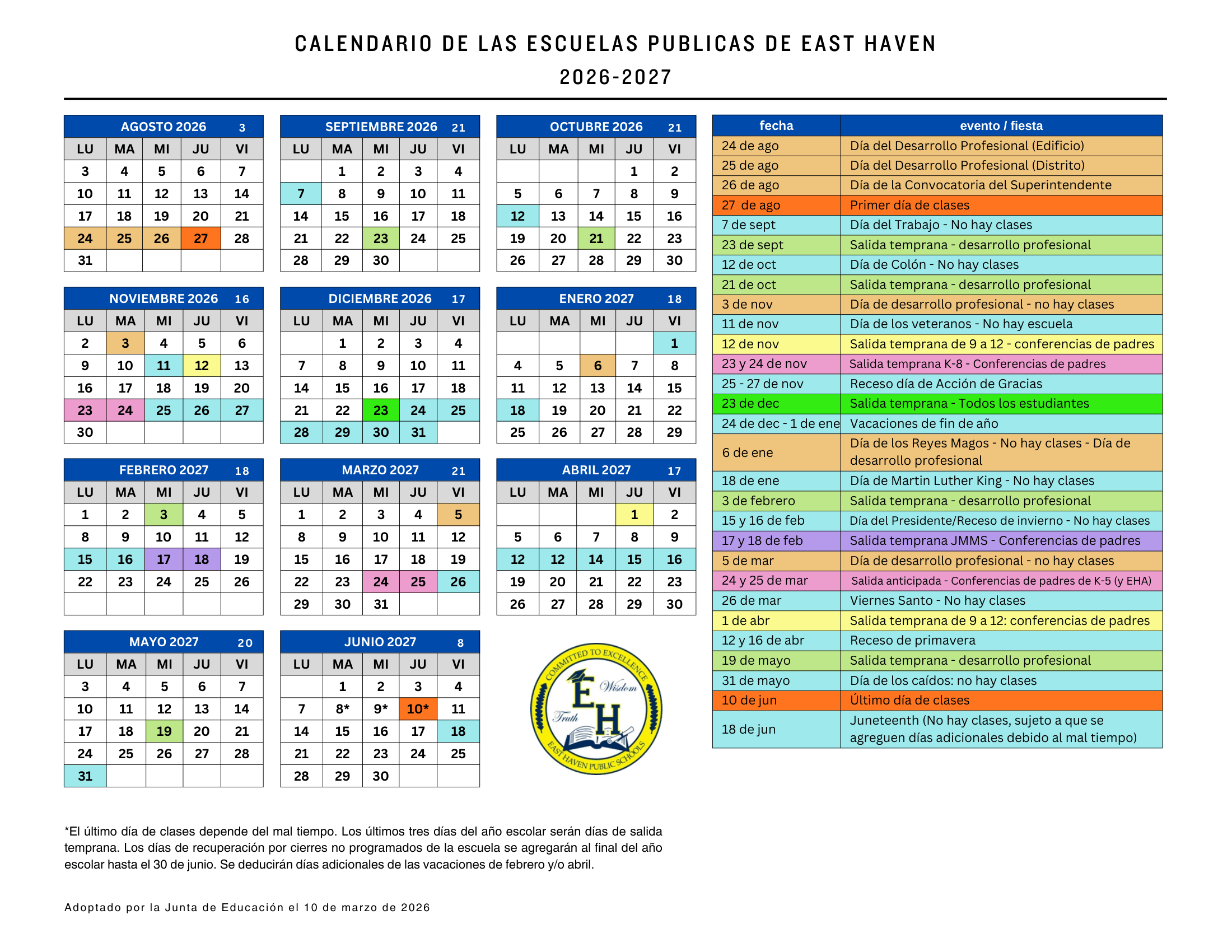East Haven Public Schools CT 2026-27 calendar page 2