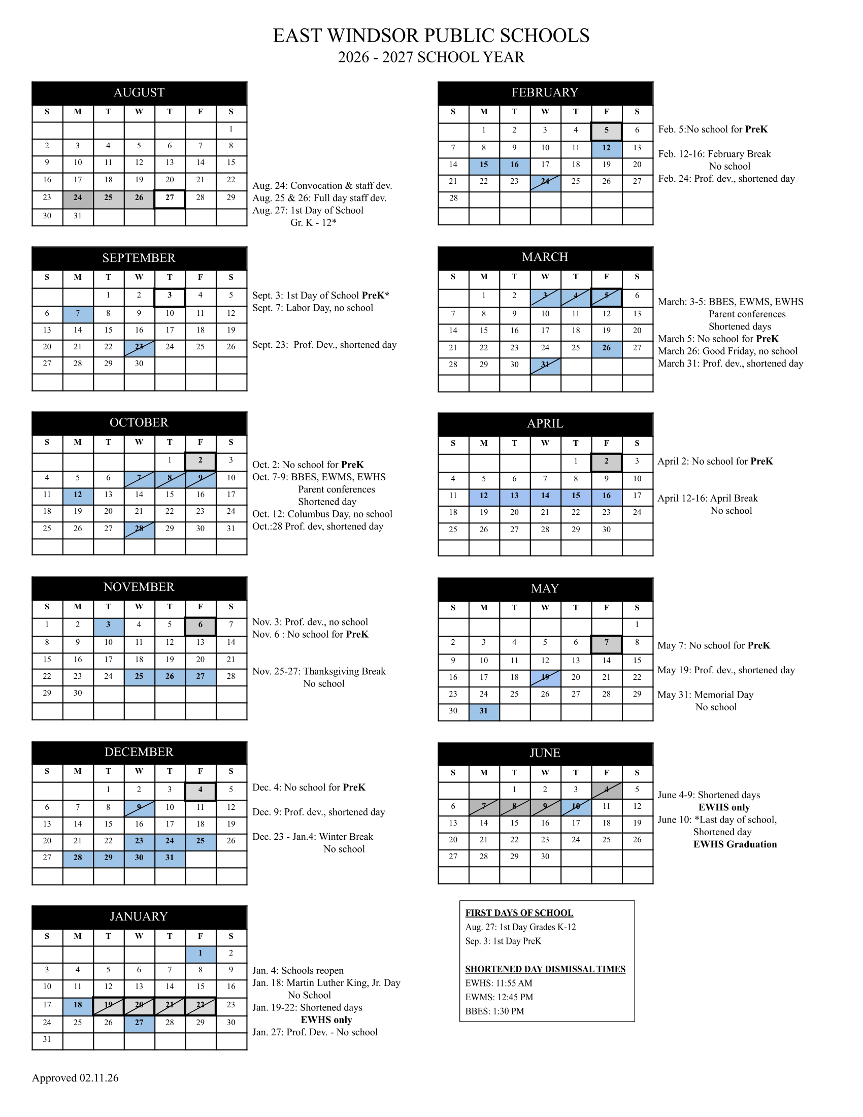 East Windsor Public Schools CT 2026-27 calendar page 1