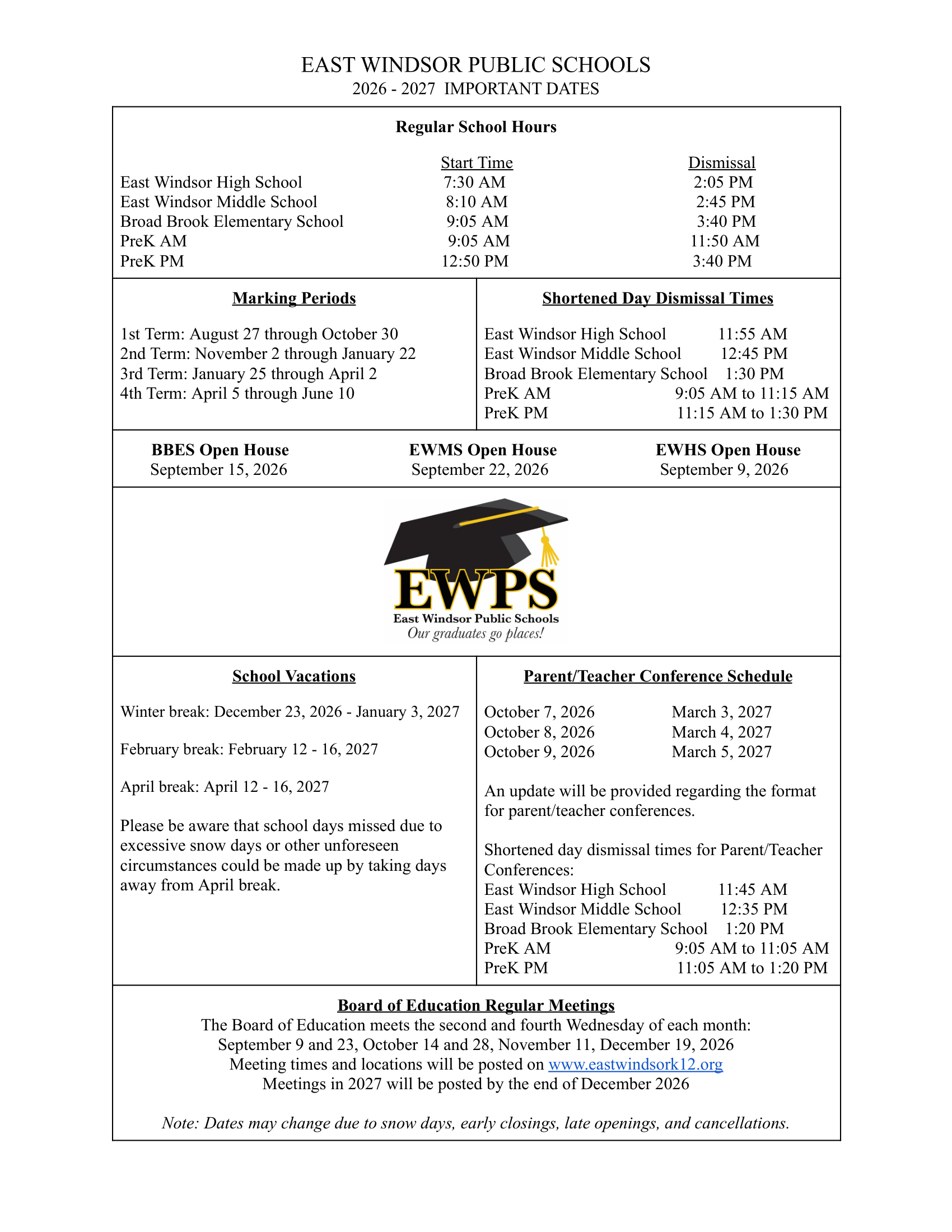 East Windsor Public Schools CT 2026-27 calendar page 2