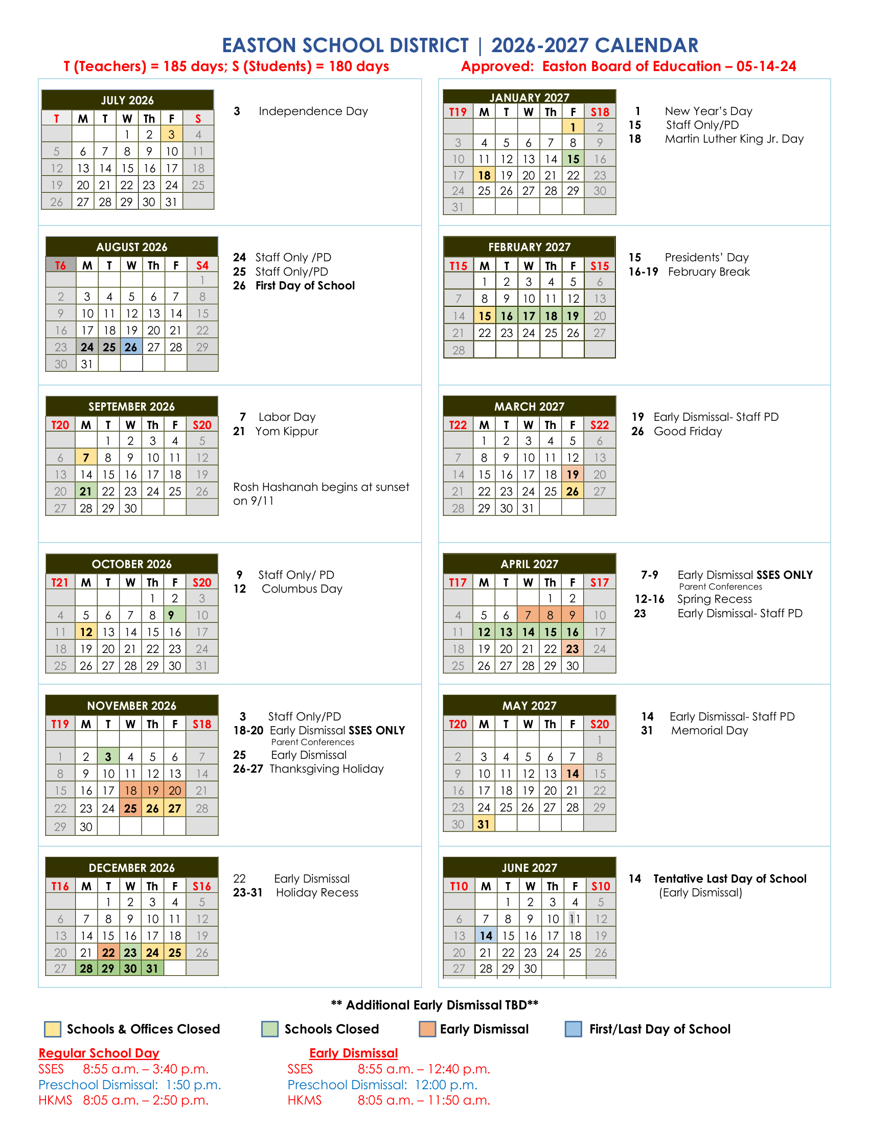 EASTON SCHOOL DISTRICT CT 2026-27 calendar page 1