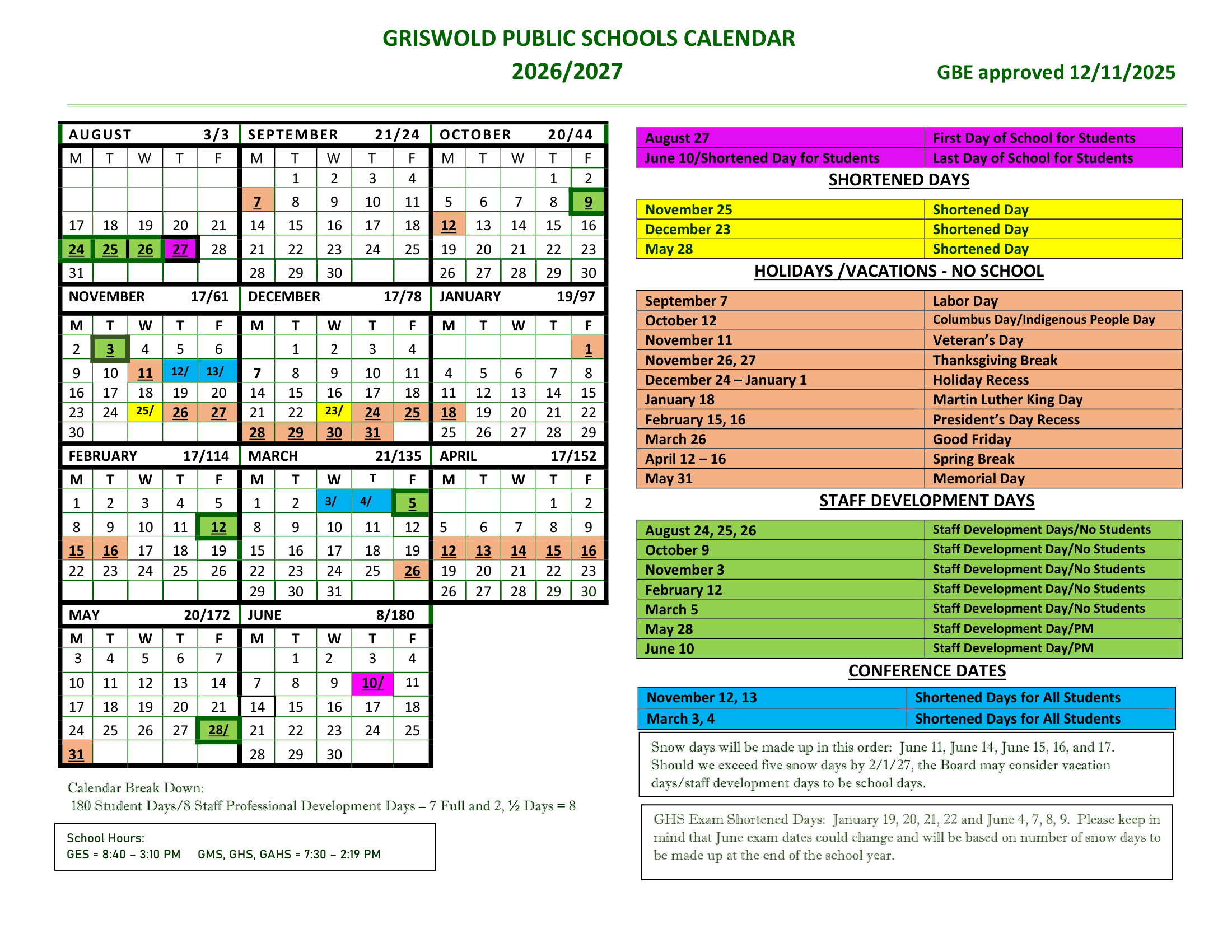 Griswold Public Schools CT 2026-27 calendar