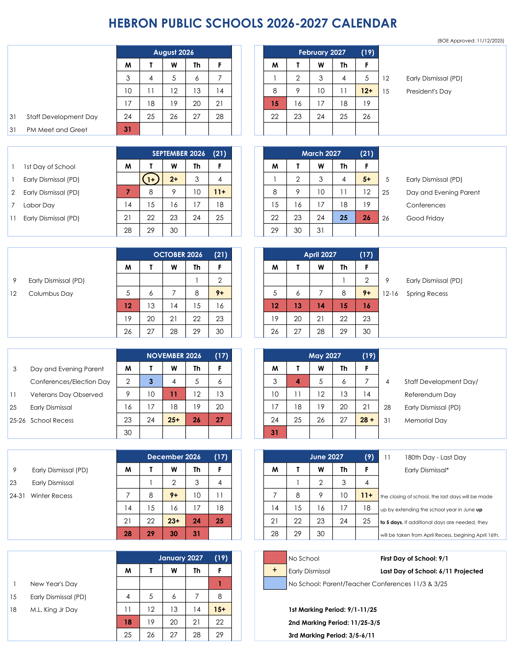 HEBRON PUBLIC SCHOOLS CT 2026-27 calendar
