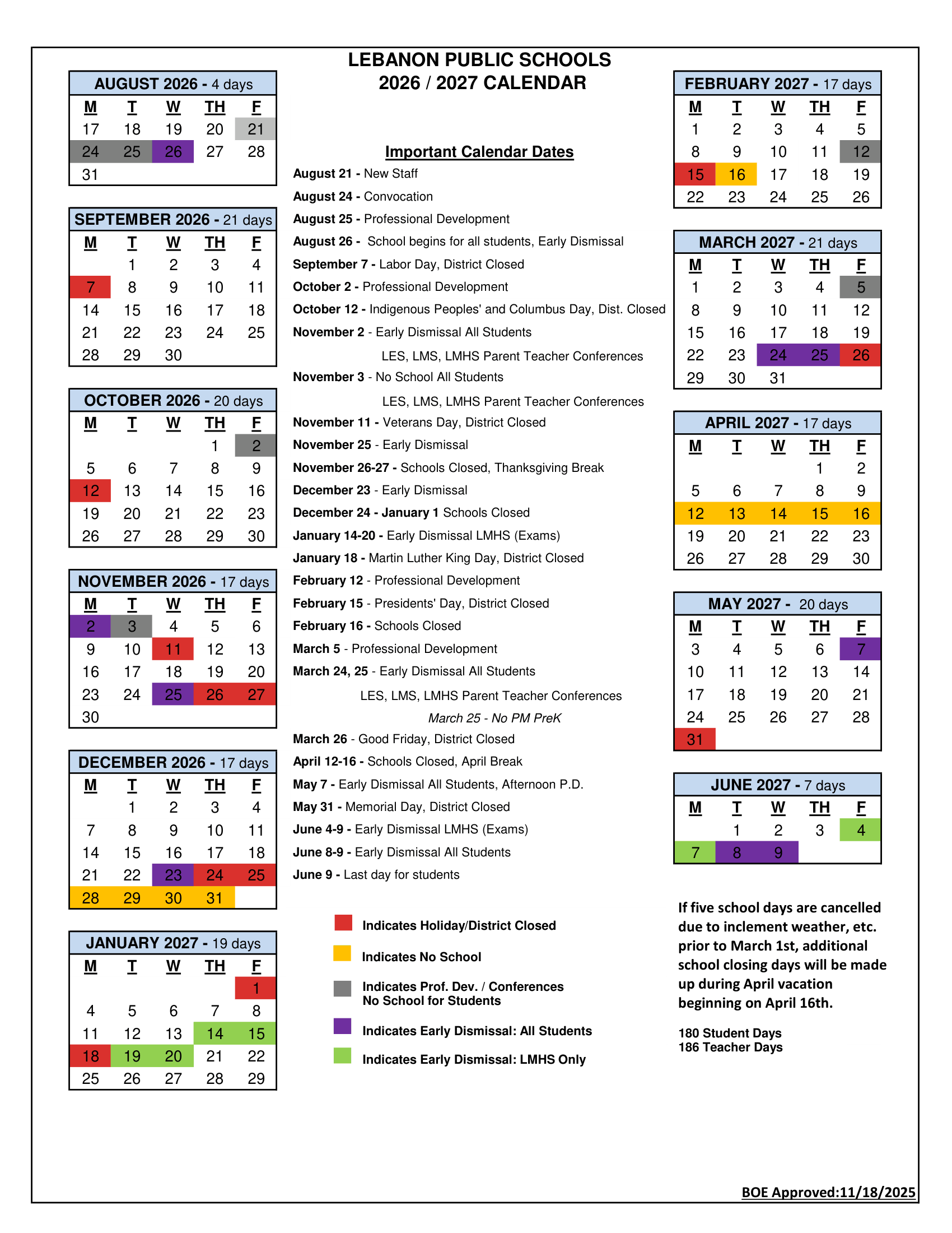 LEBANON PUBLIC SCHOOLS CT 2026-27 calendar