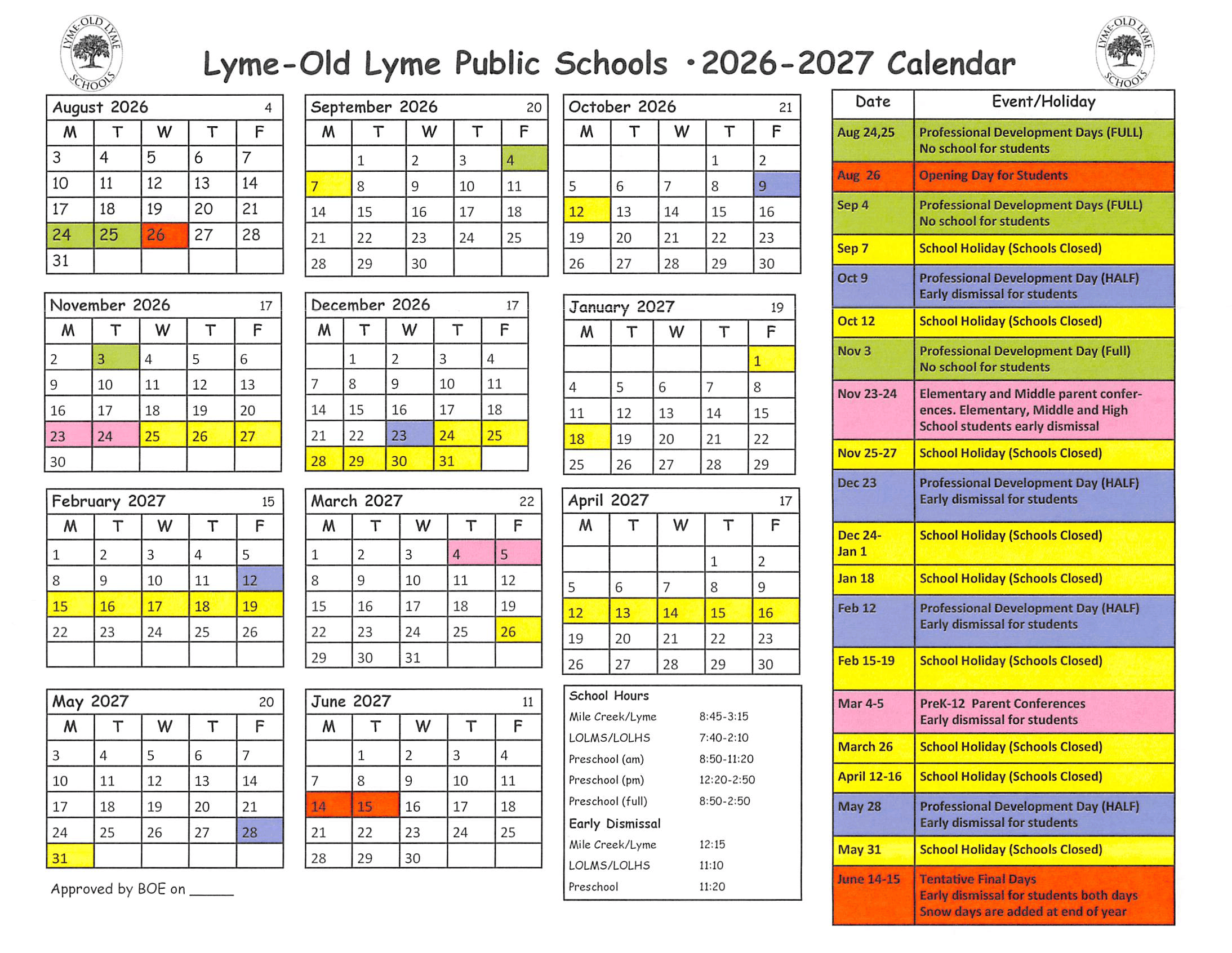 Lyme-Old Lyme Public Schools CT 2026-27 calendar