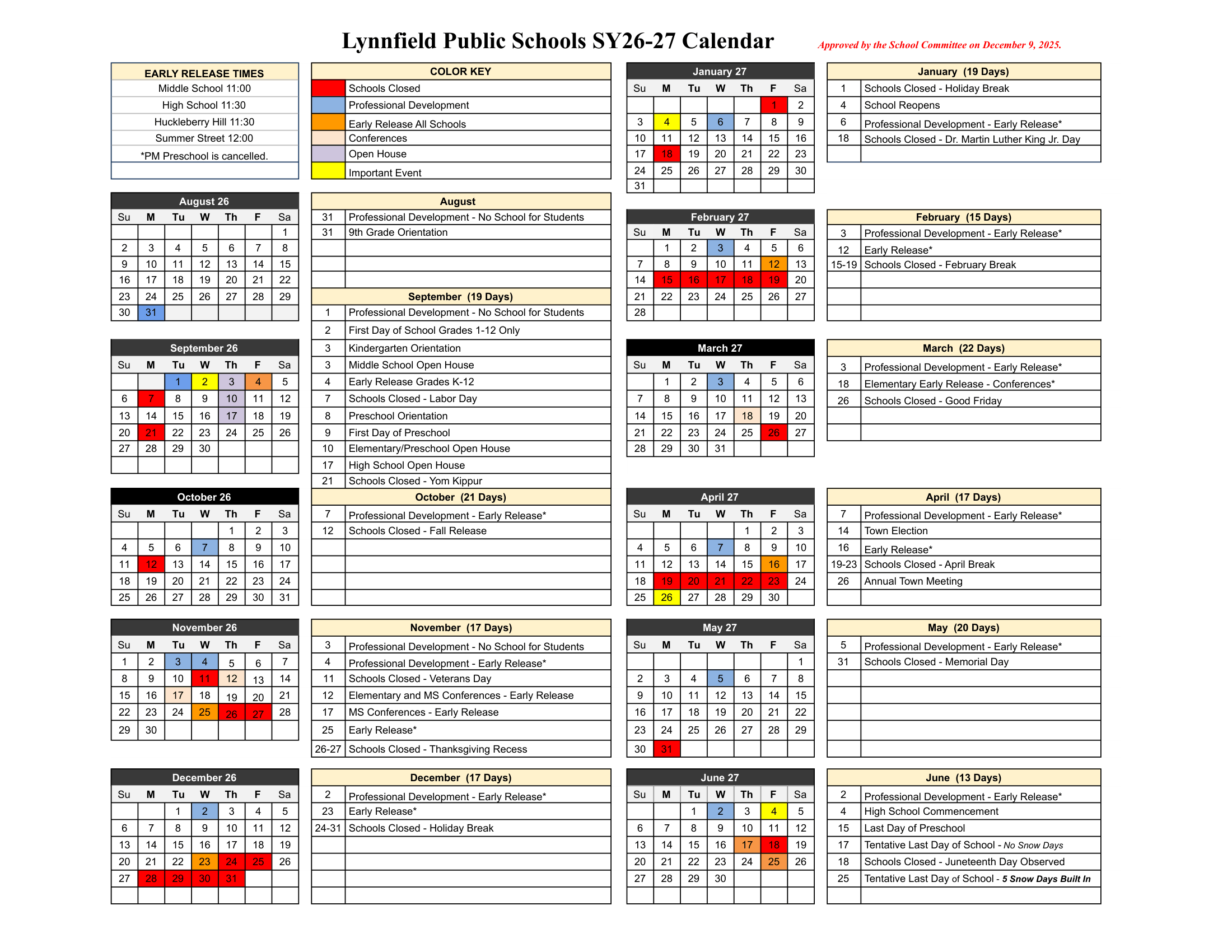 Lynnfield Public Schools CT 2026-27 calendar