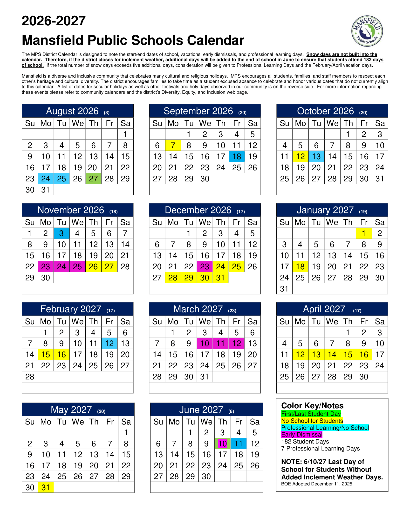 Mansfield Public Schools CT 2026-27 calendar page 1