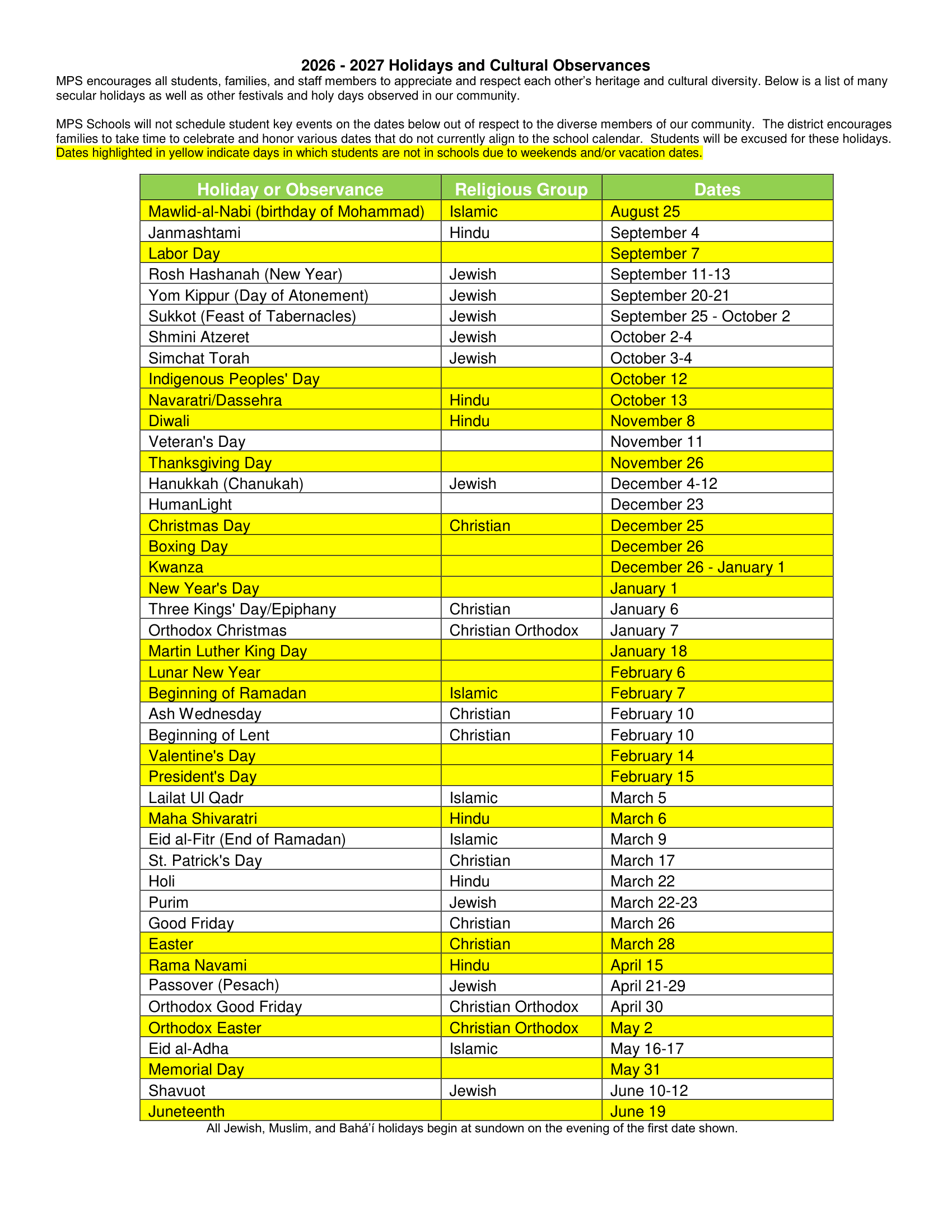 Mansfield Public Schools CT 2026-27 calendar page 2
