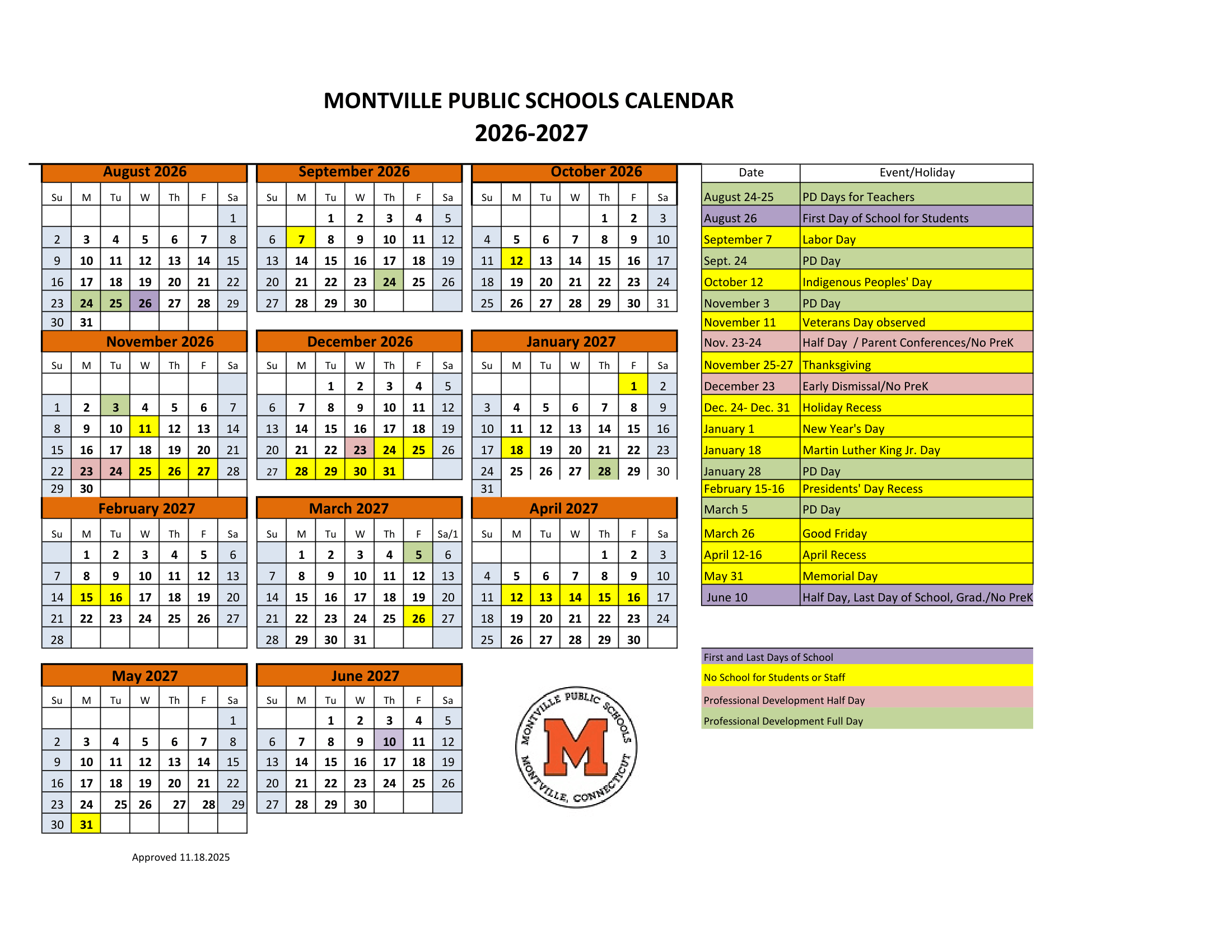 MONTVILLE PUBLIC SCHOOLS CT 2026-27 calendar