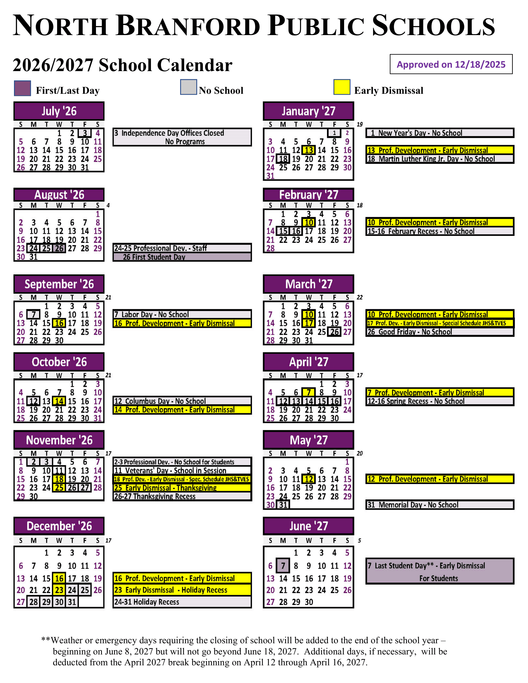NORTH BRANFORD PUBLIC SCHOOLS CT 2026-27 calendar