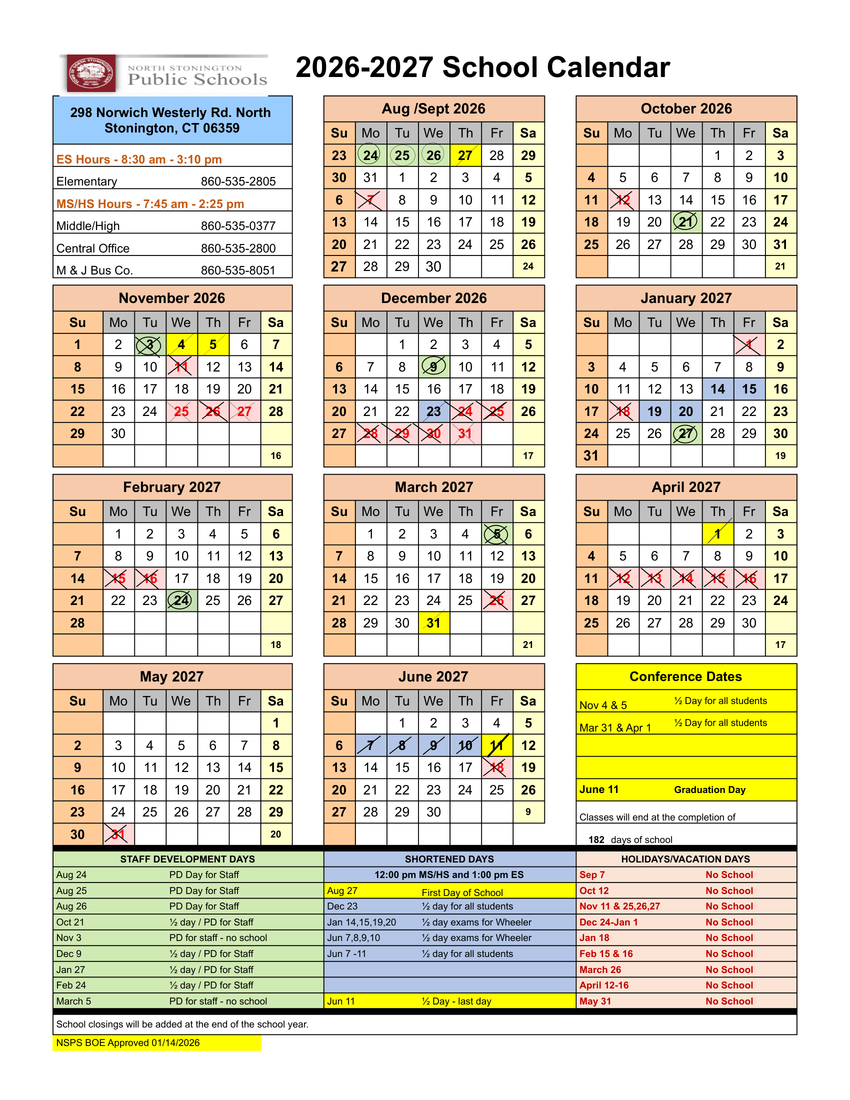 North Stonington Public Schools CT 2026-27 calendar